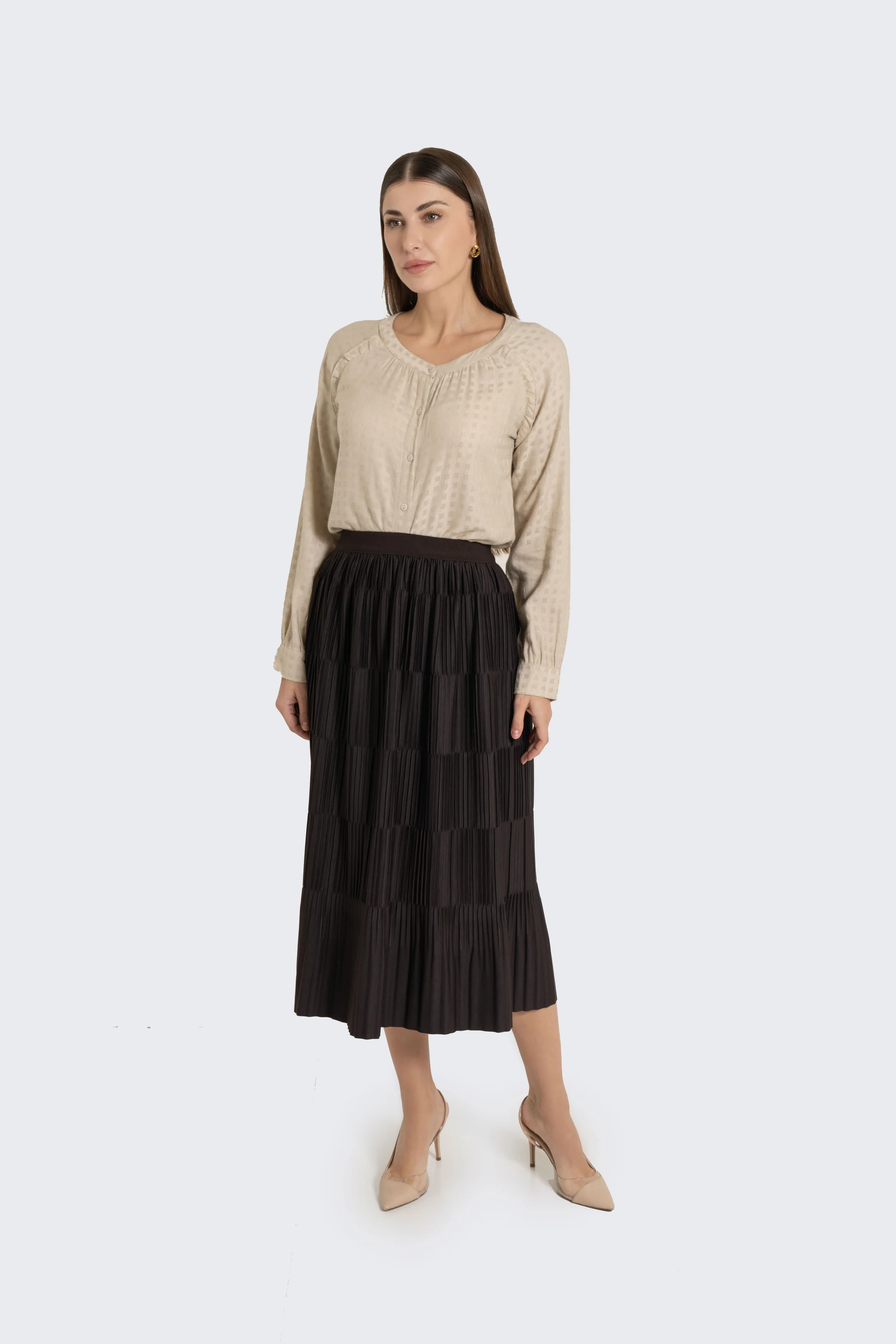 Plain Solid Pleated Midi Skirt - Image 5
