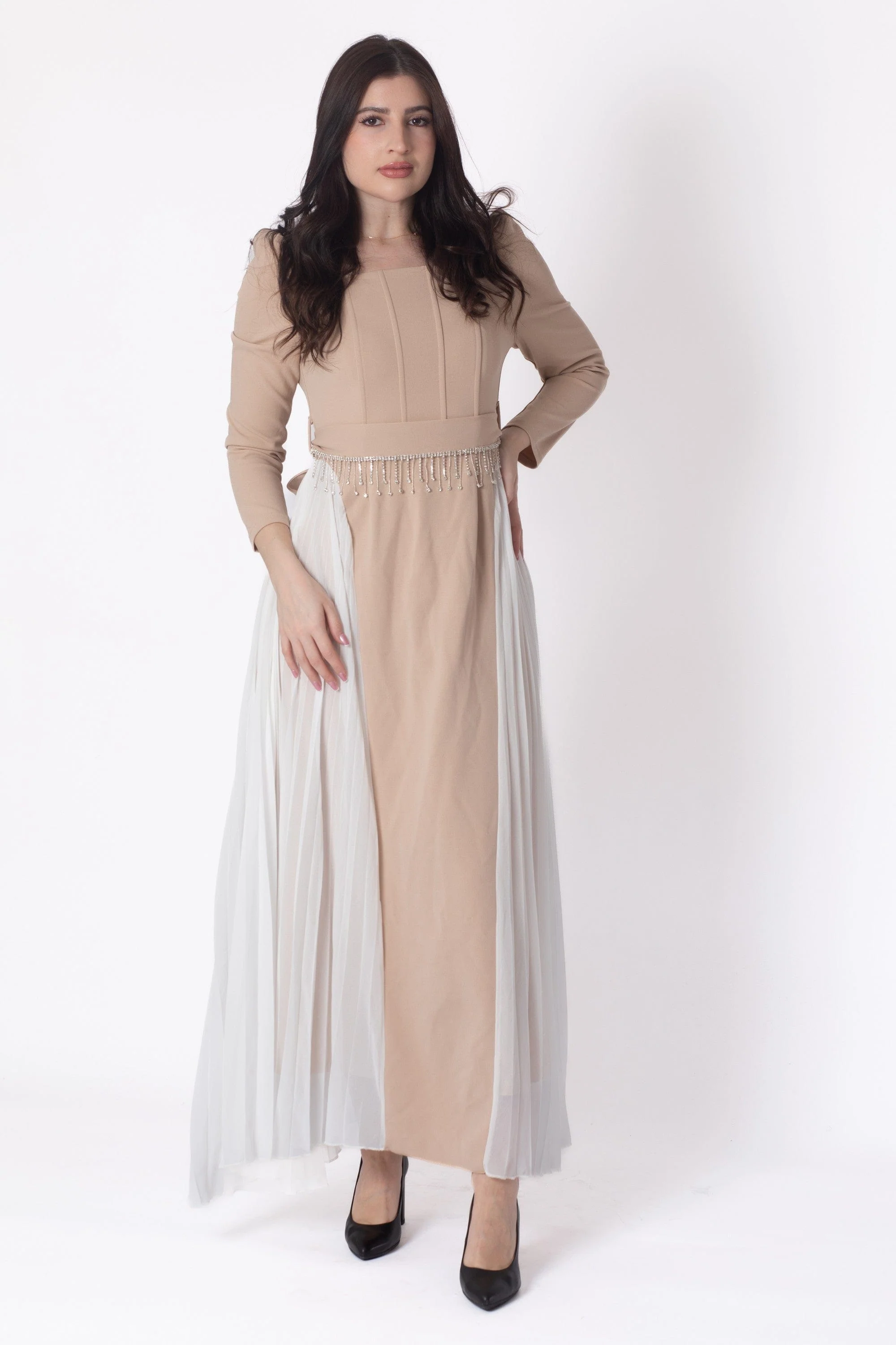 Maxi Pleated Dress With Side Pleats, Long Sleeve - Image 6