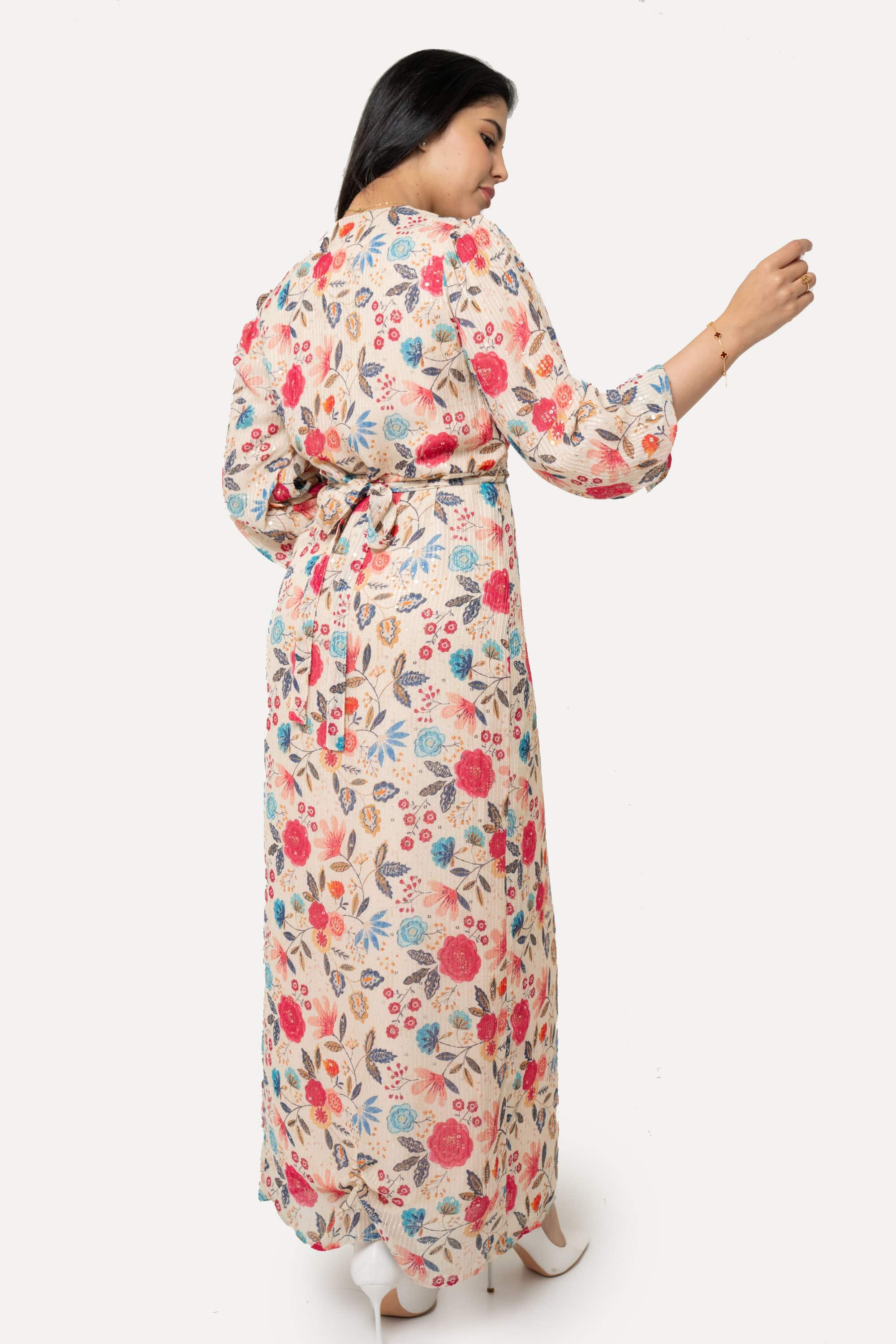 Long Dress With High Waist Belt And Printed Neckline - Image 2