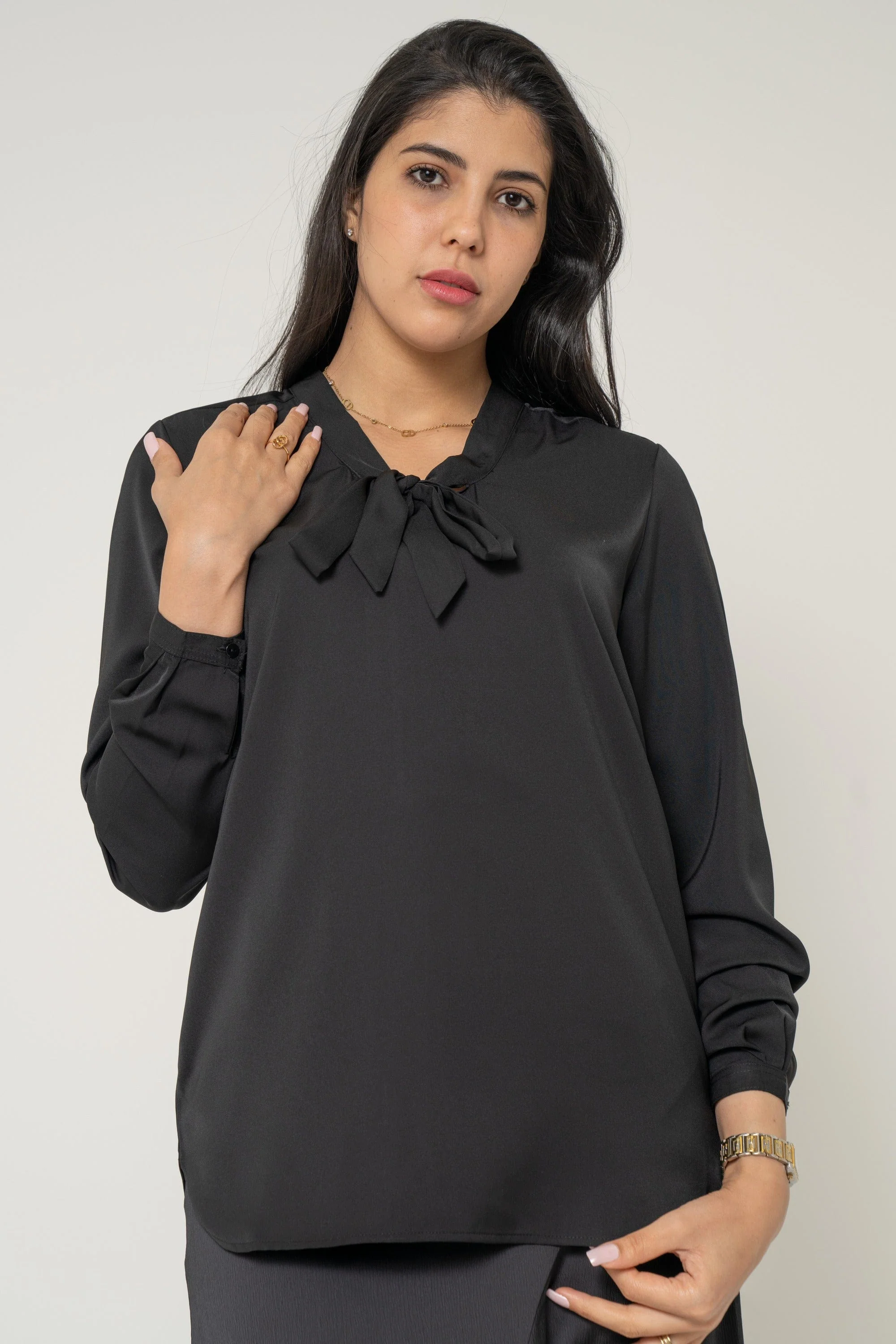 Long Blouse With Bow At The Neck, Plain For Work