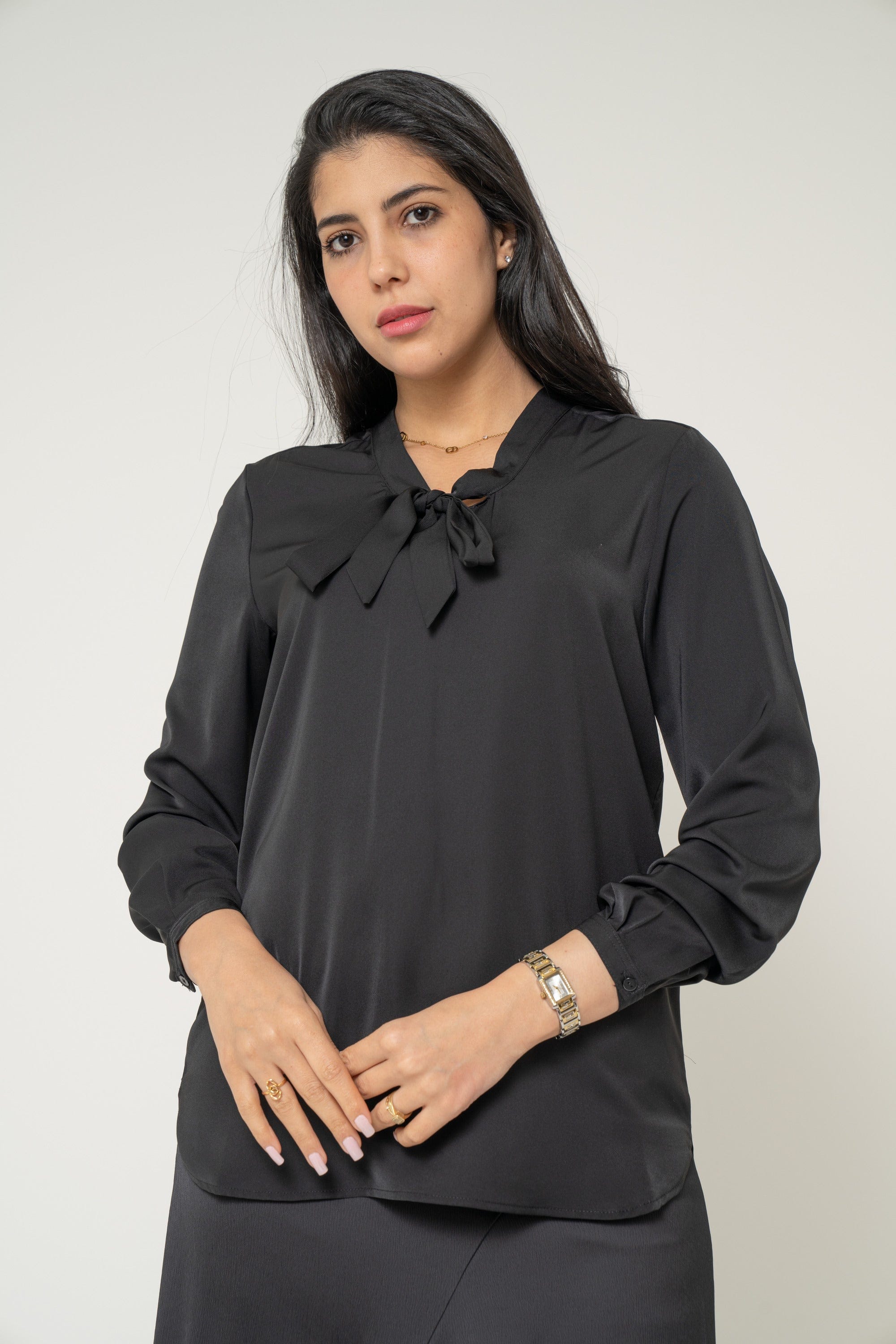 Long Blouse With Bow At The Neck, Plain For Work - Image 2