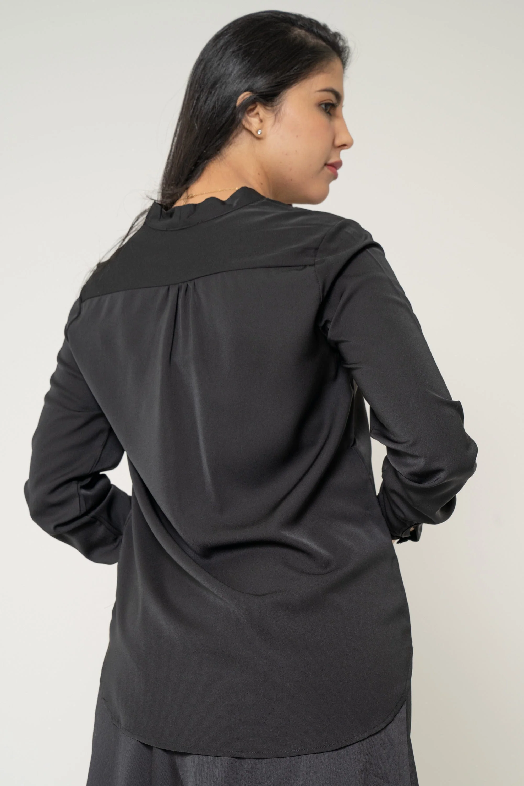 Long Blouse With Bow At The Neck, Plain For Work - Image 3