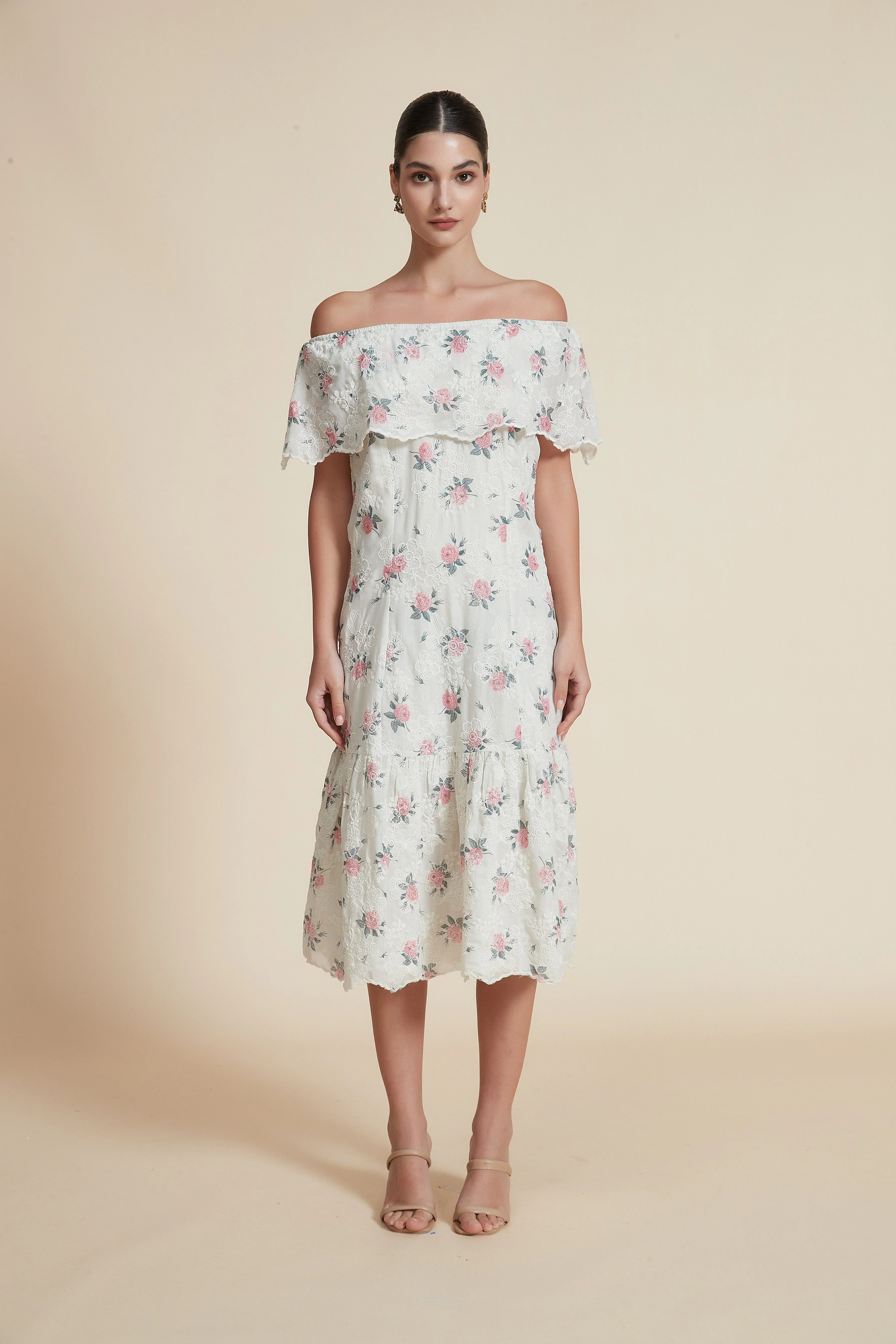 Ruffled Off-Shoulder Midi Dress in Mauve - Image 2