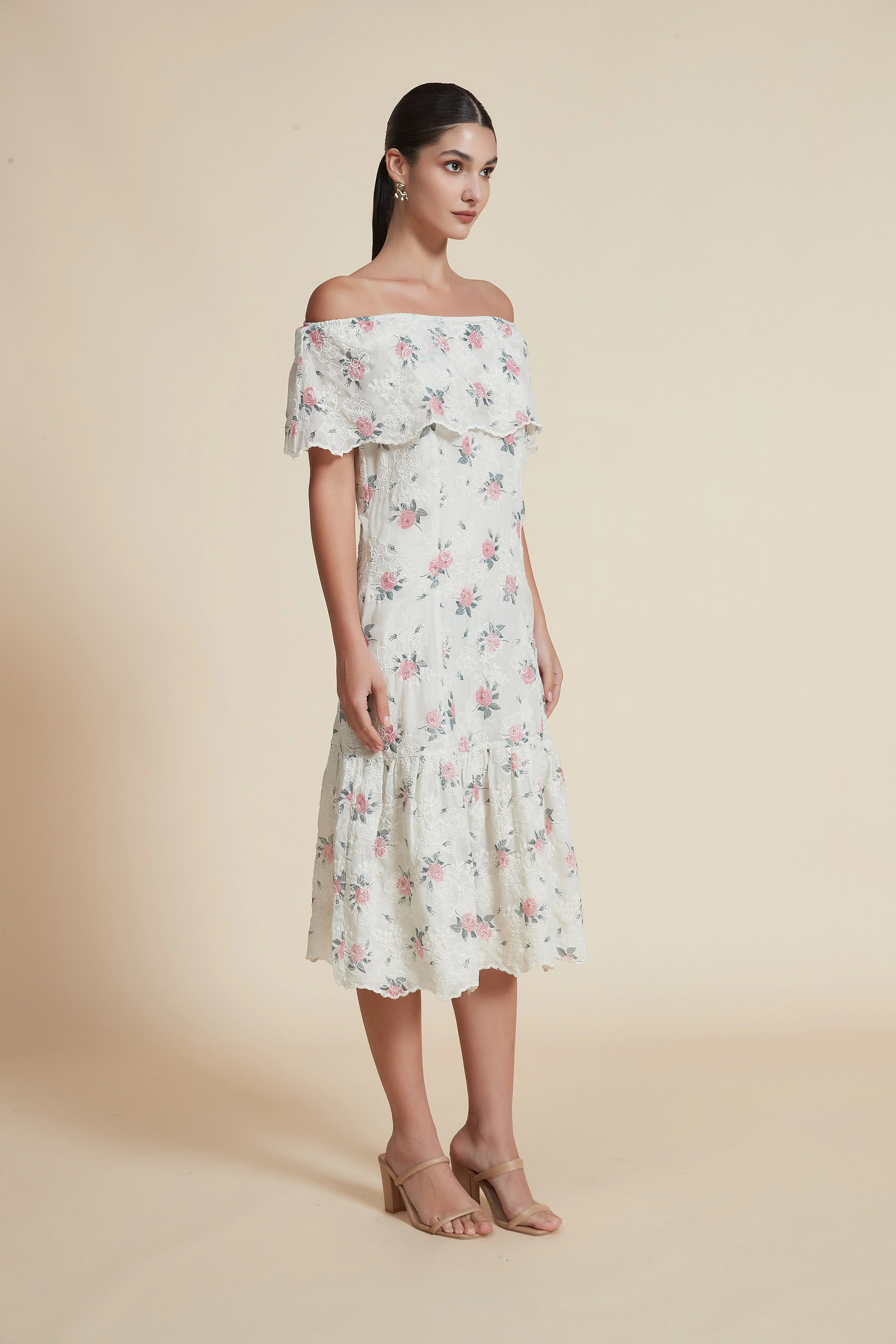 Ruffled Off-Shoulder Midi Dress in Mauve - Image 6