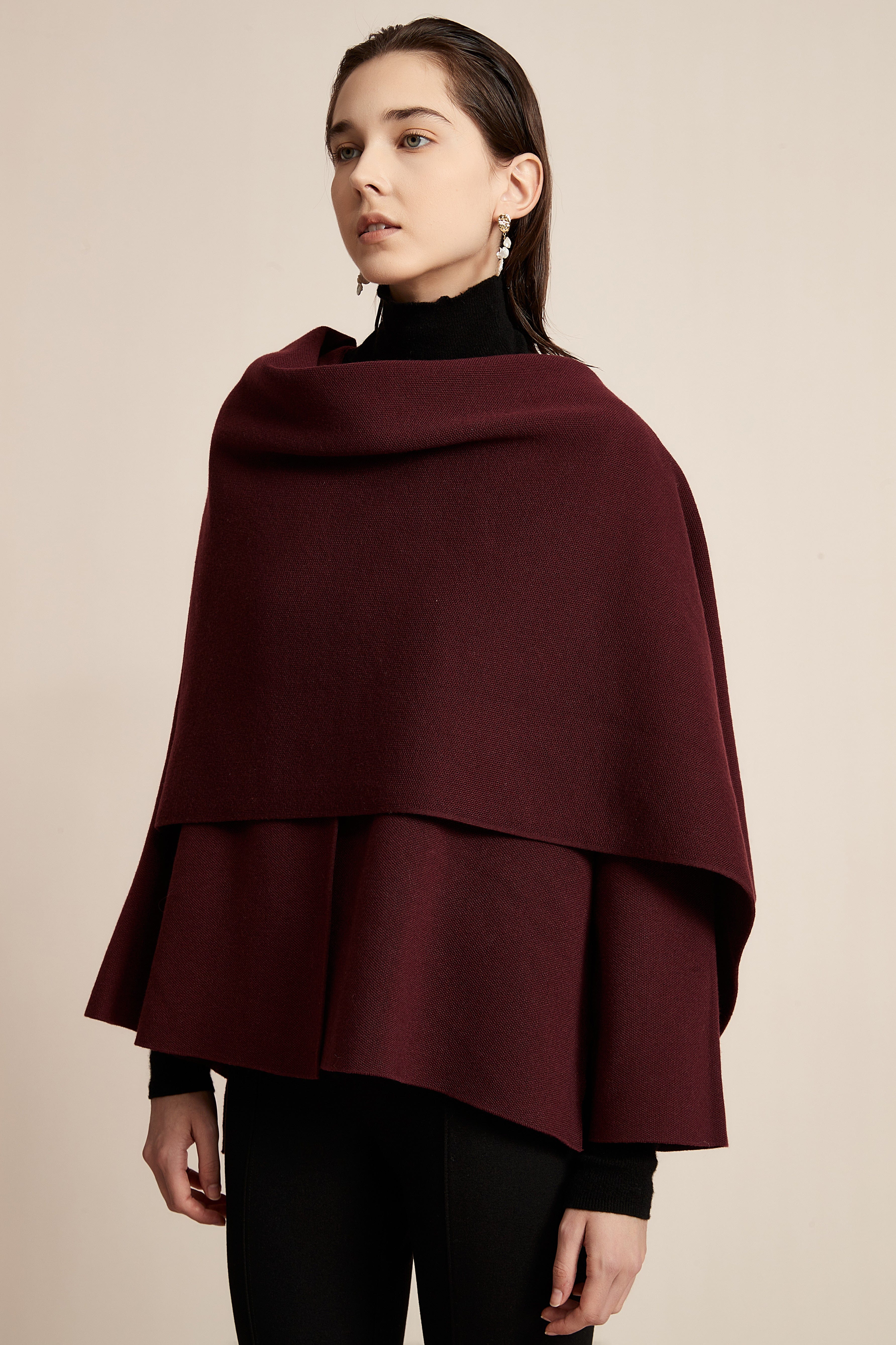 Long Sleeve Wool Poncho With Thread Embroidery - Image 3