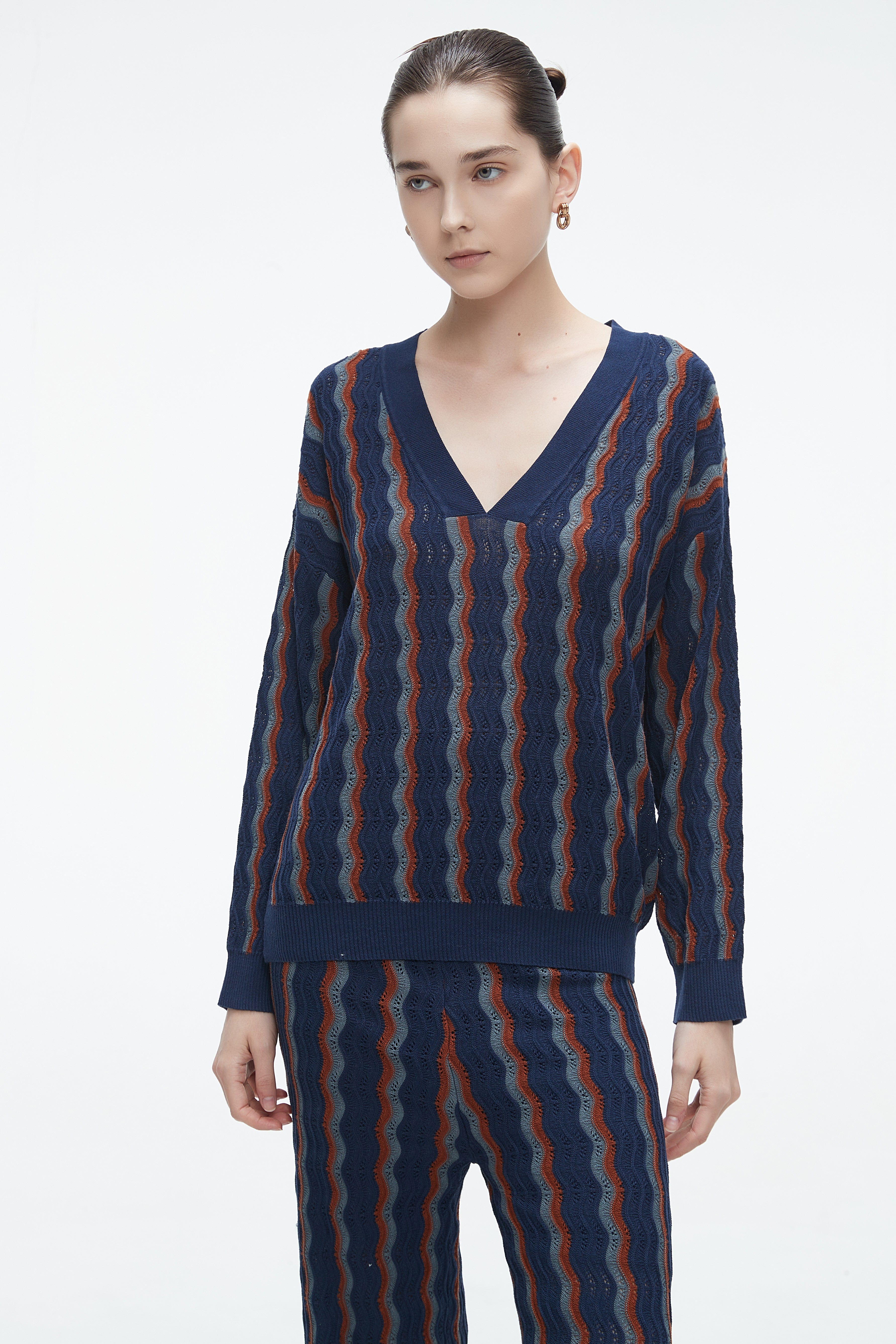 Winter Blouse With A V-Neck, Vertically Striped