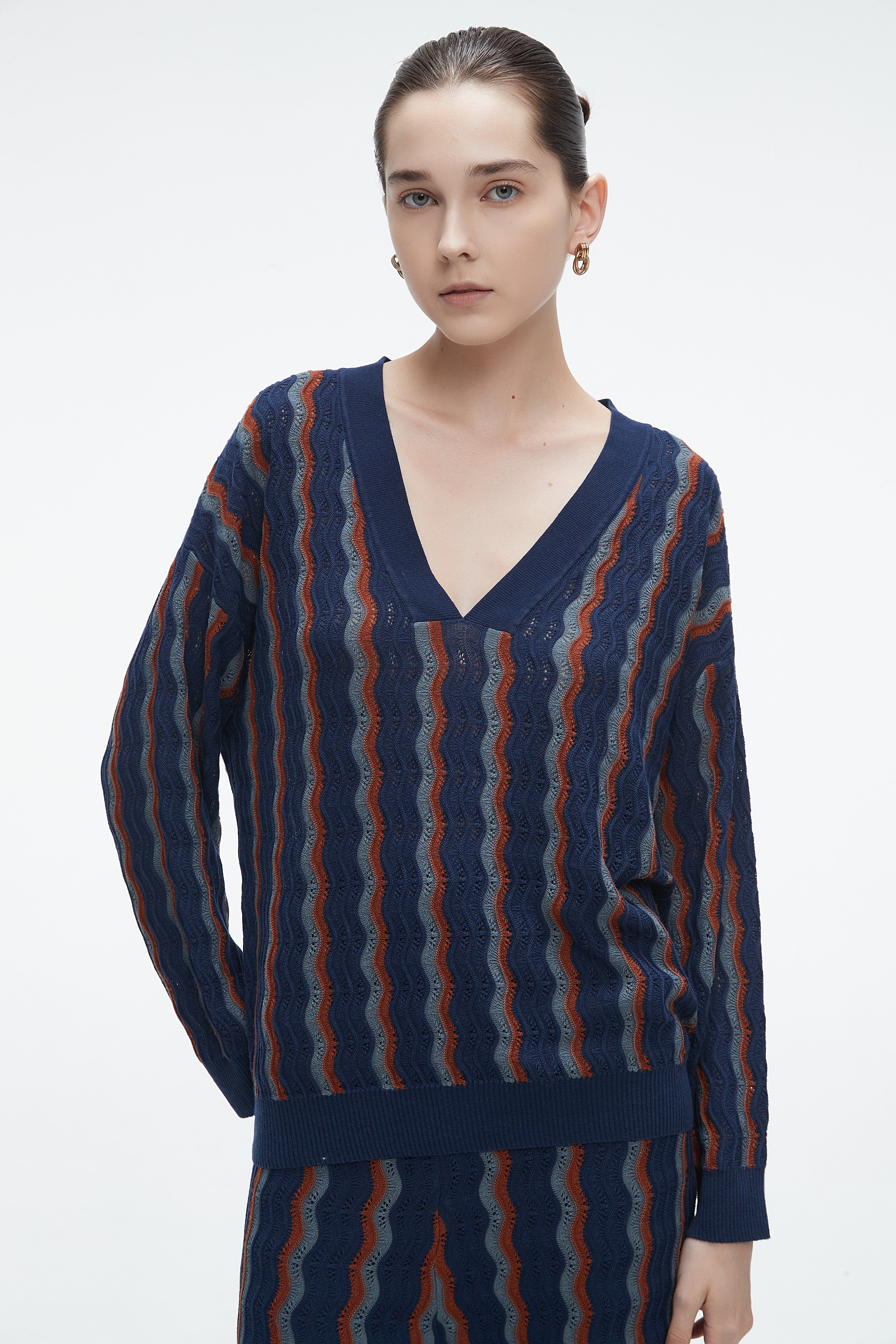 Winter Blouse With A V-Neck, Vertically Striped - Image 2