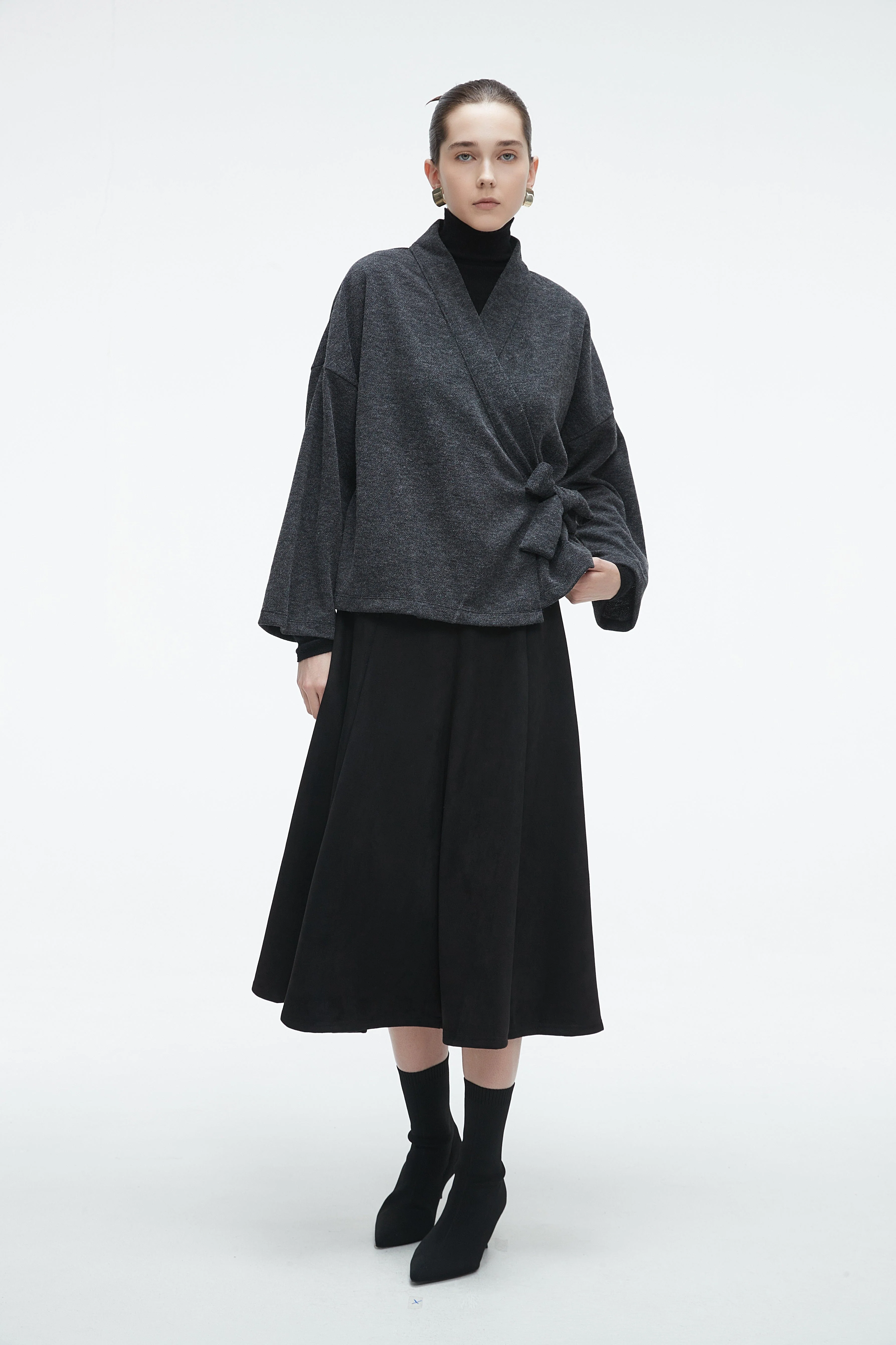 Plain Wrap Cardigan with Side Tie and Long Sleeves