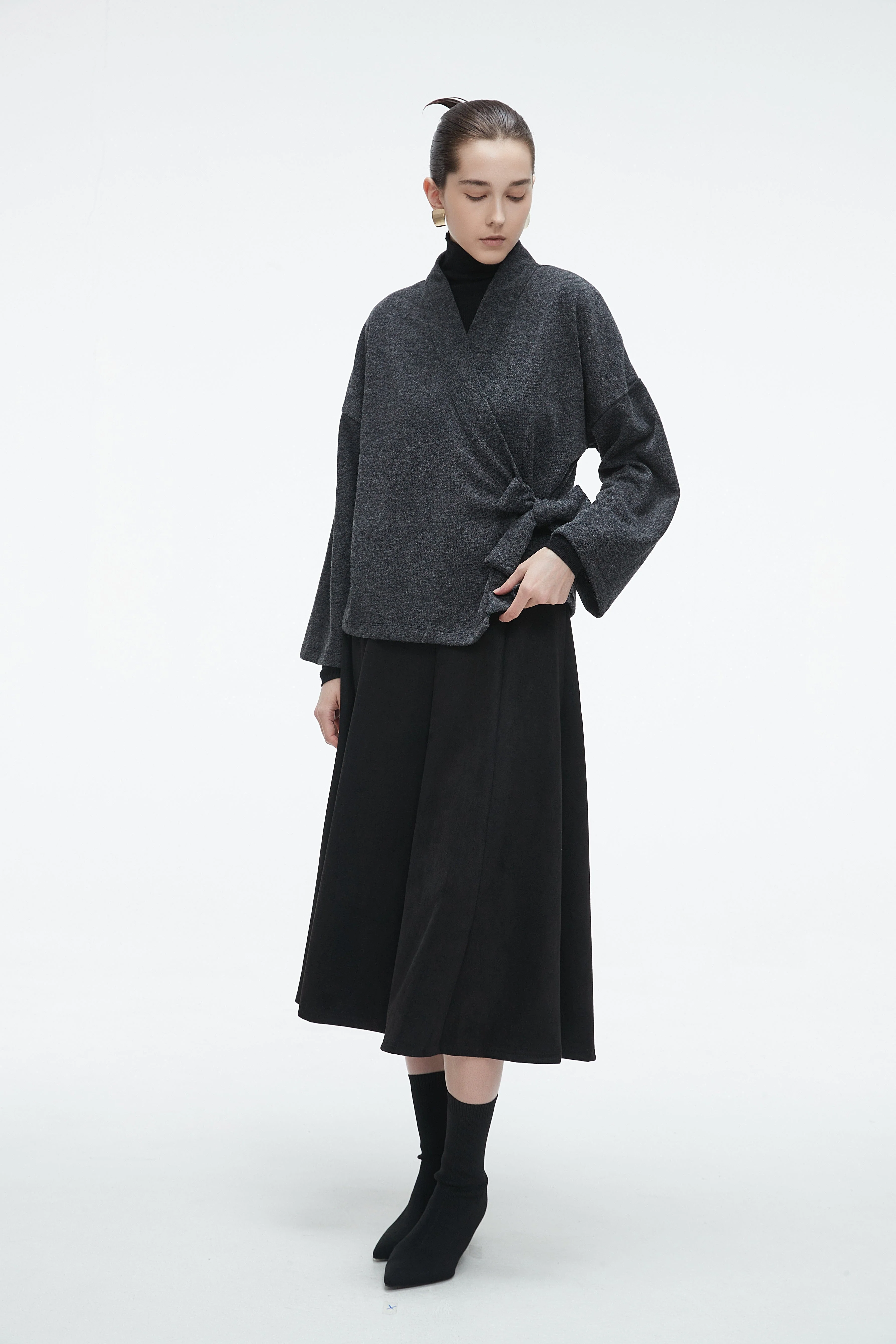 Plain Wrap Cardigan with Side Tie and Long Sleeves - Image 2