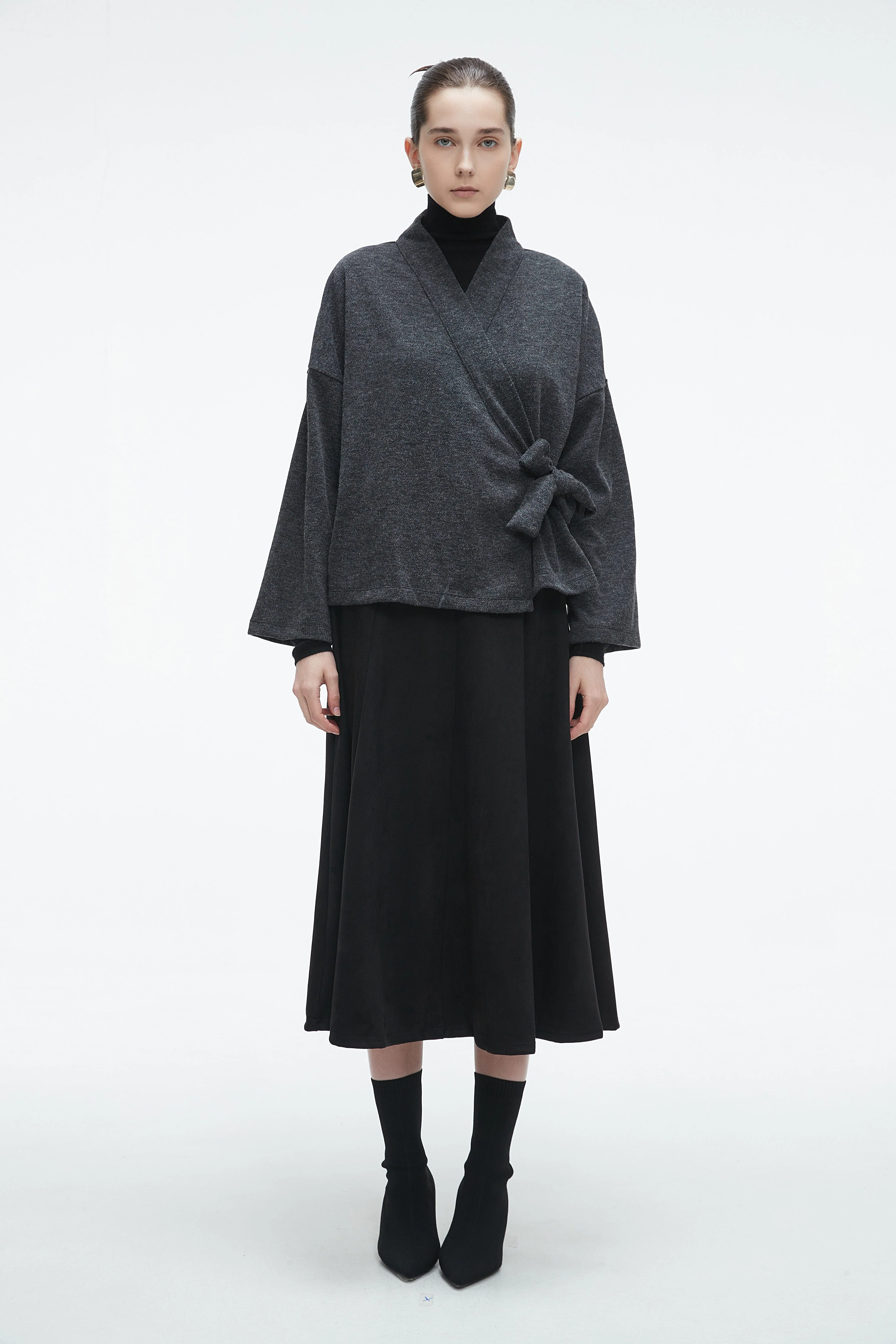 Plain Wrap Cardigan with Side Tie and Long Sleeves - Image 3