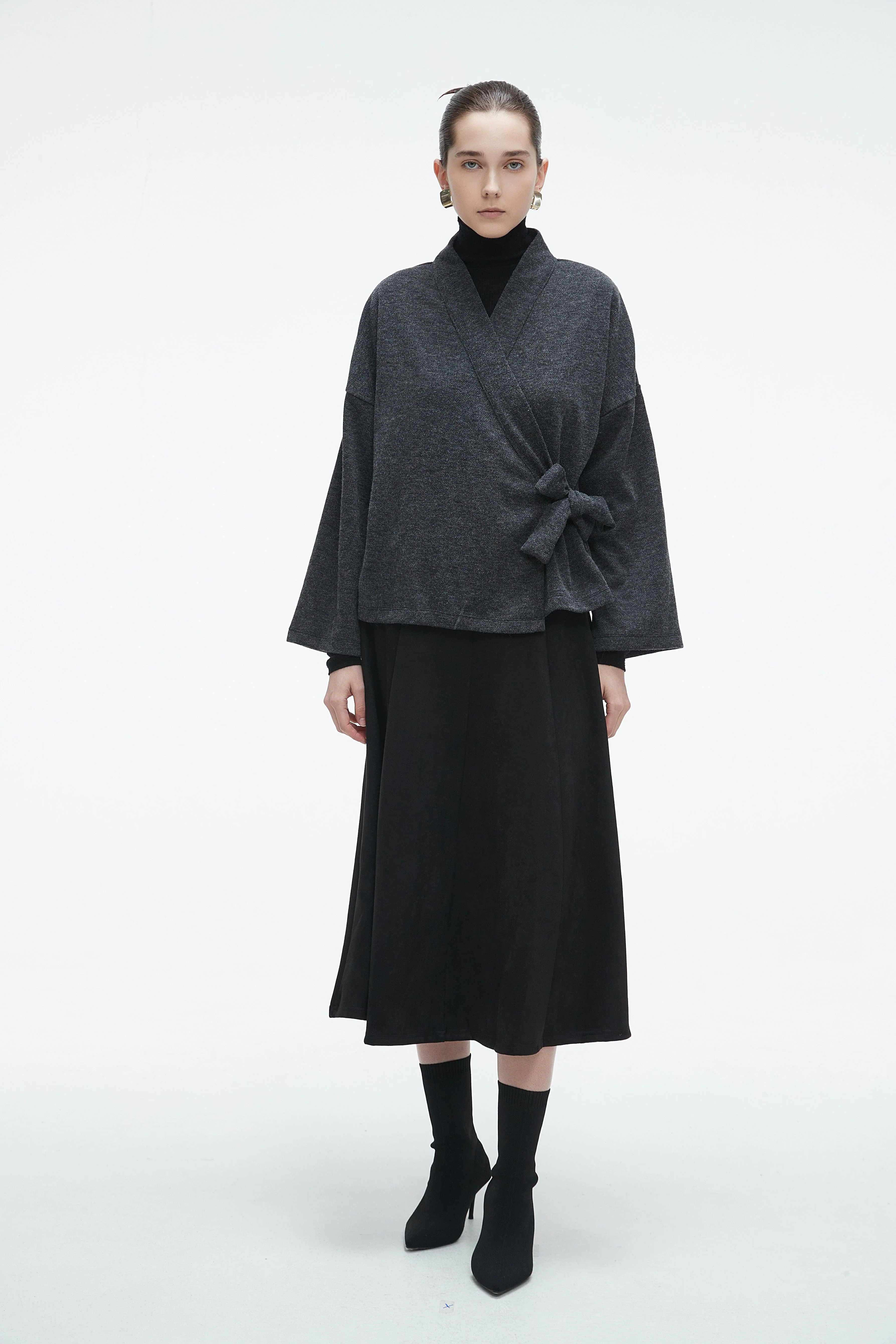 Plain Wrap Cardigan with Side Tie and Long Sleeves - Image 6
