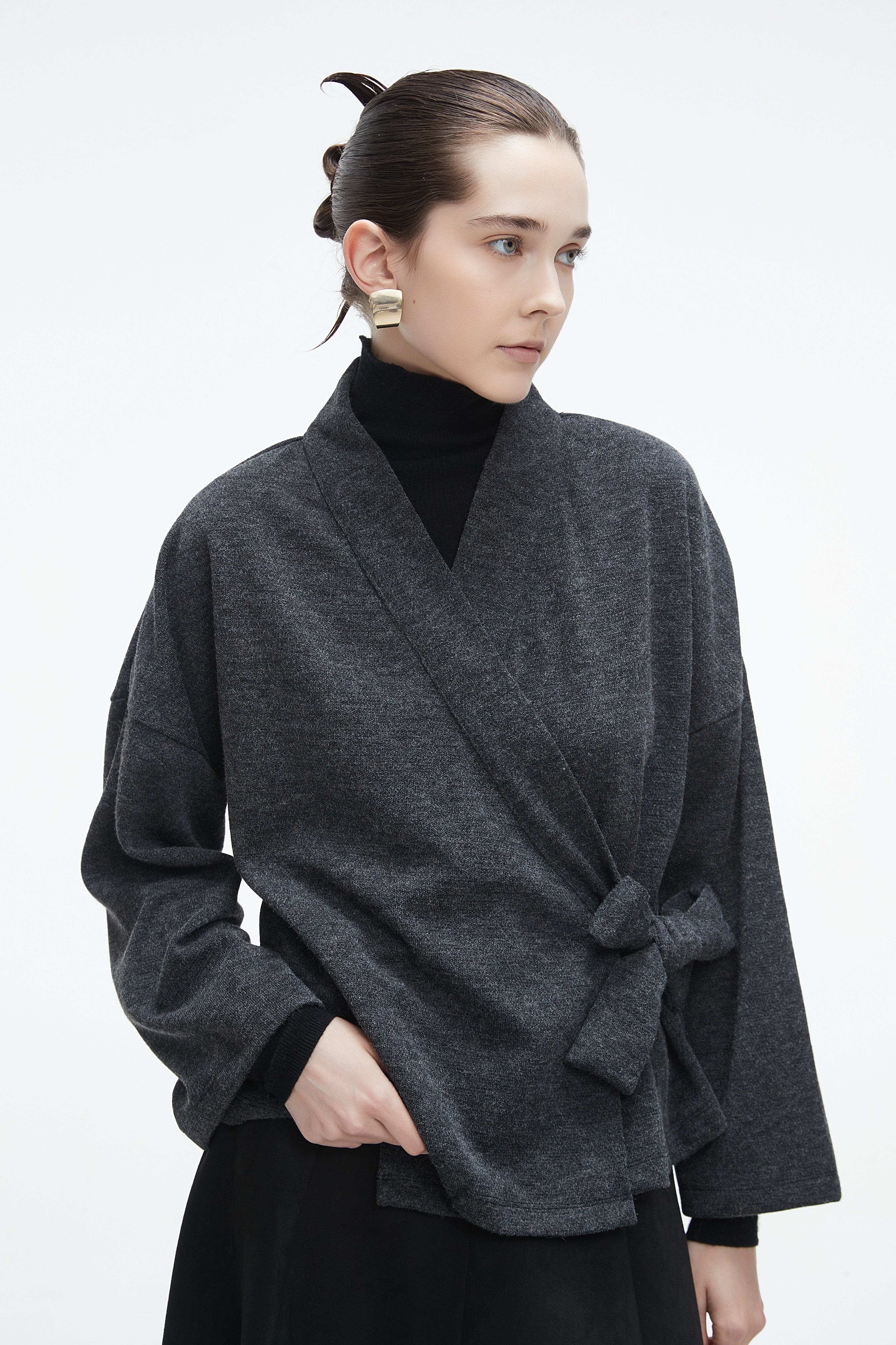 Plain Wrap Cardigan with Side Tie and Long Sleeves - Image 7