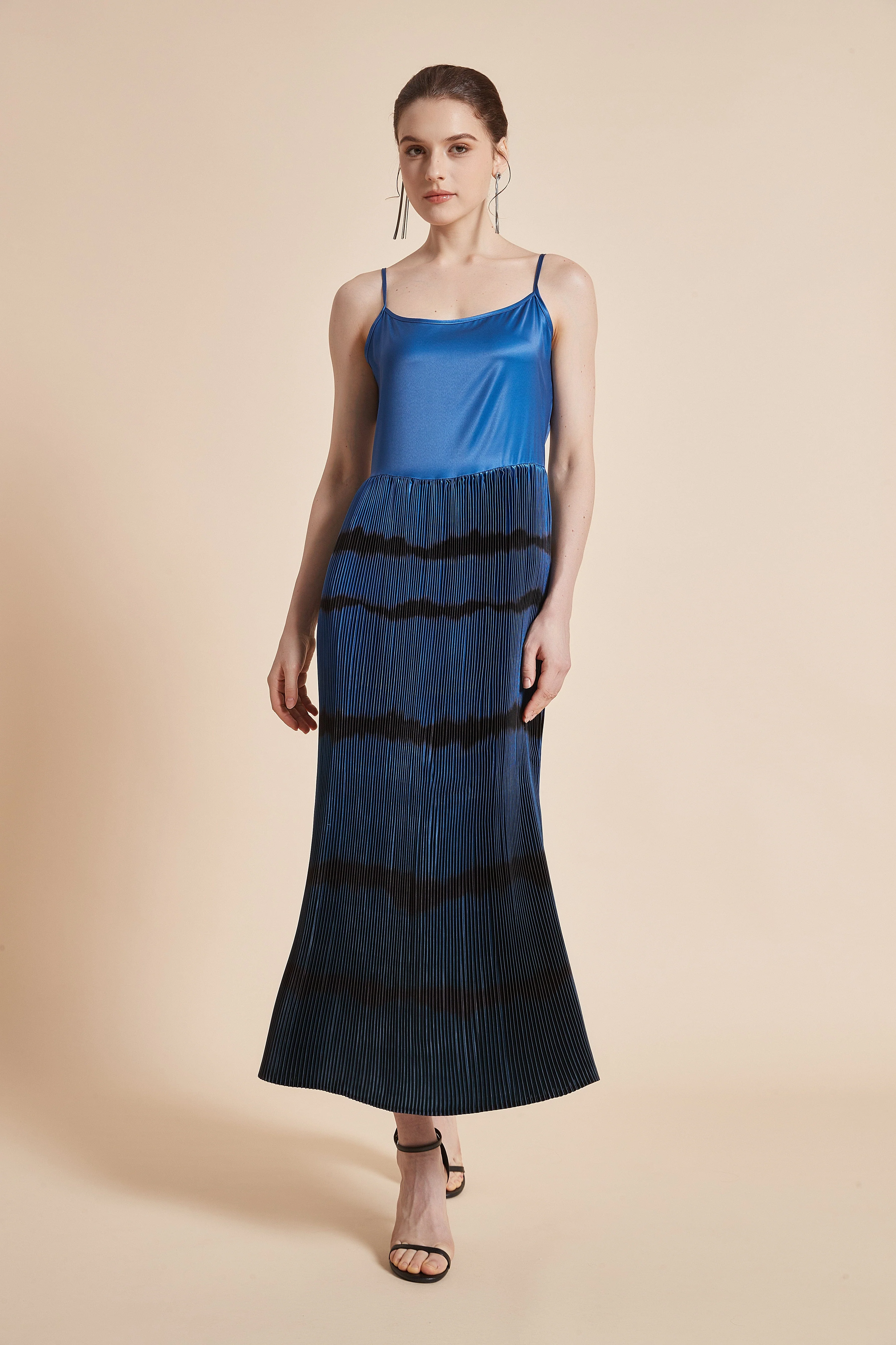 Striped Midi Dress with Straps and Open Neck