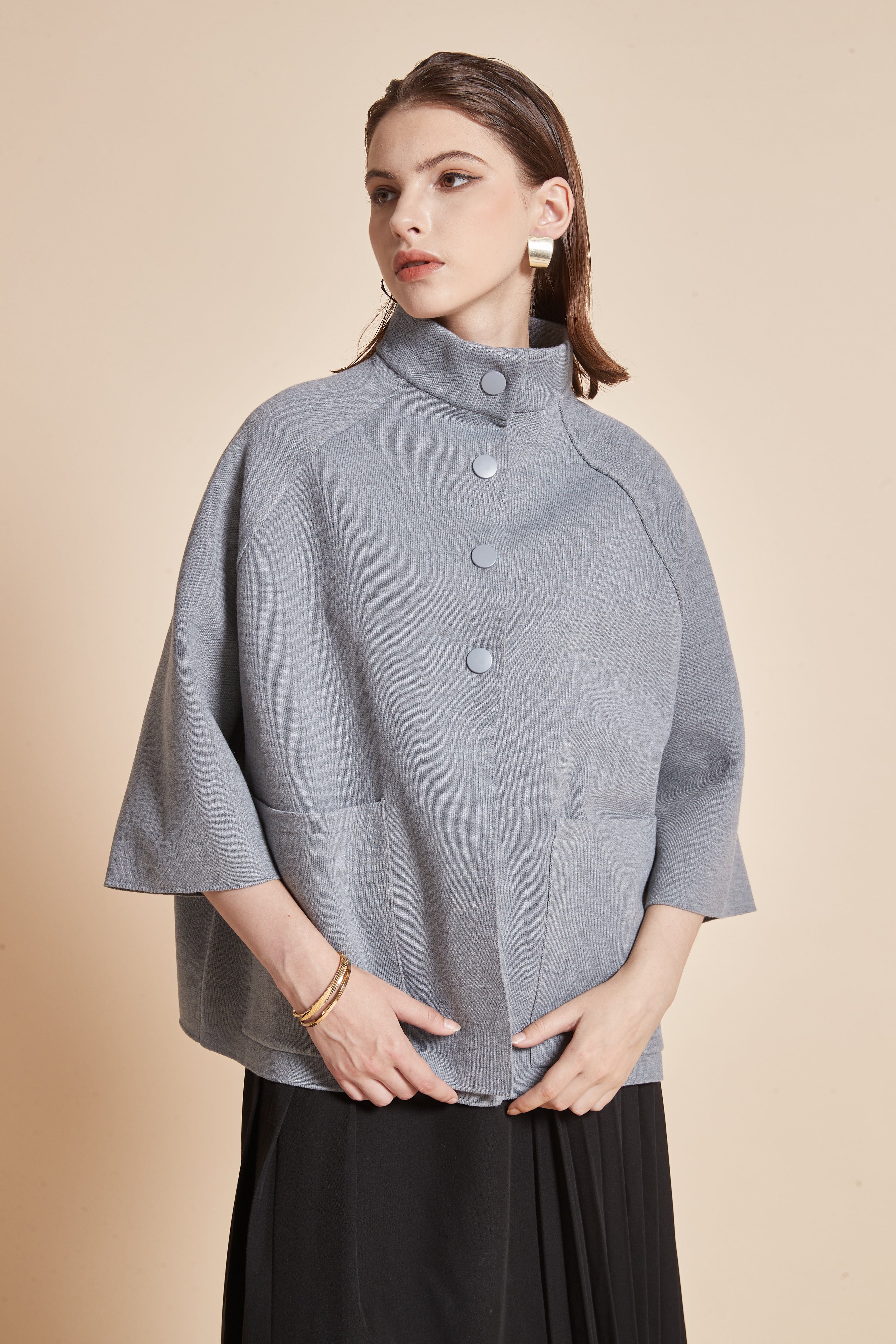 3/4 Sleeve Jacket With High Neck, Front Buttons, And Pockets - Image 6