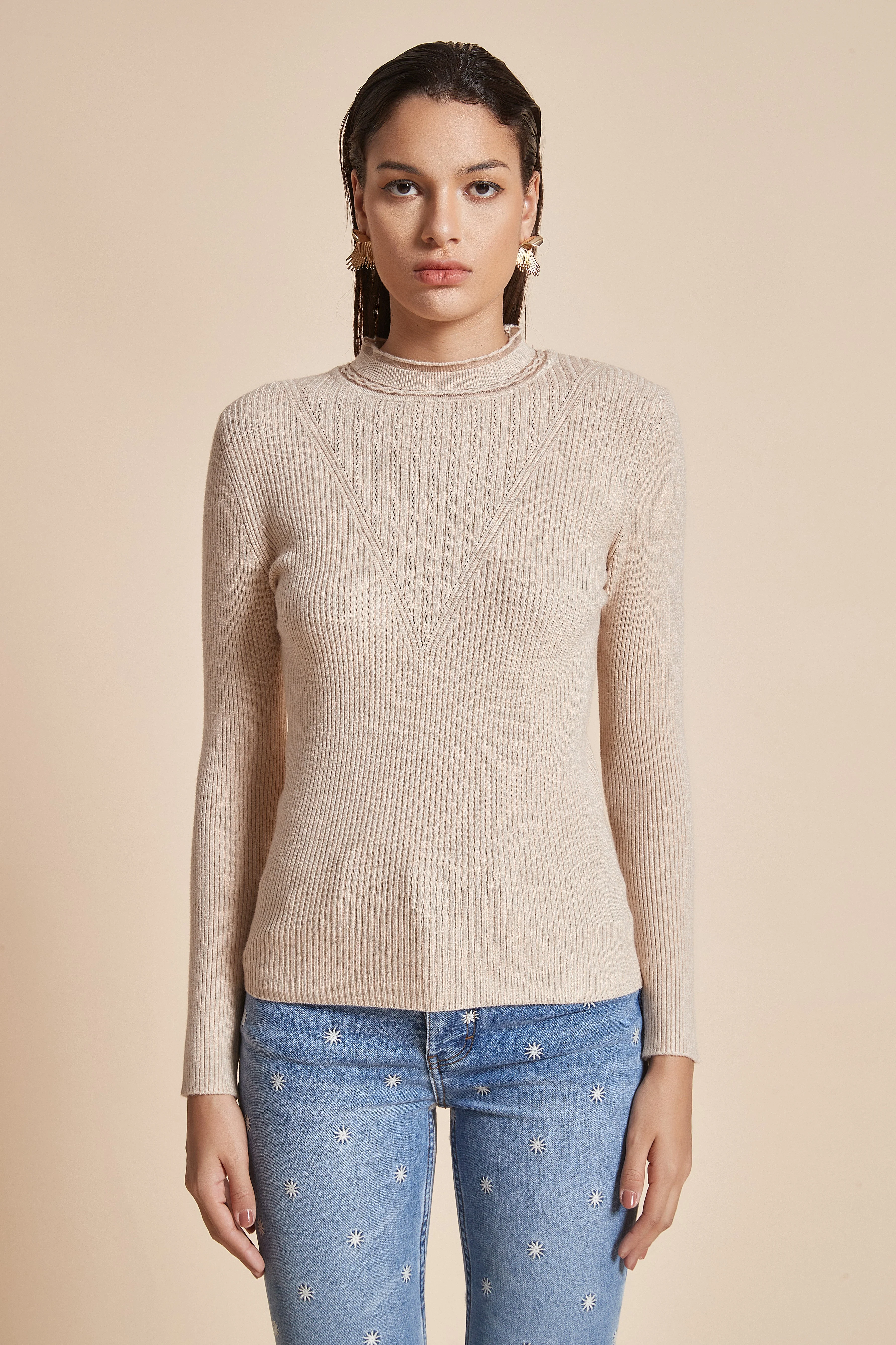 Plain Ribbed Blouse With Long Sleeves