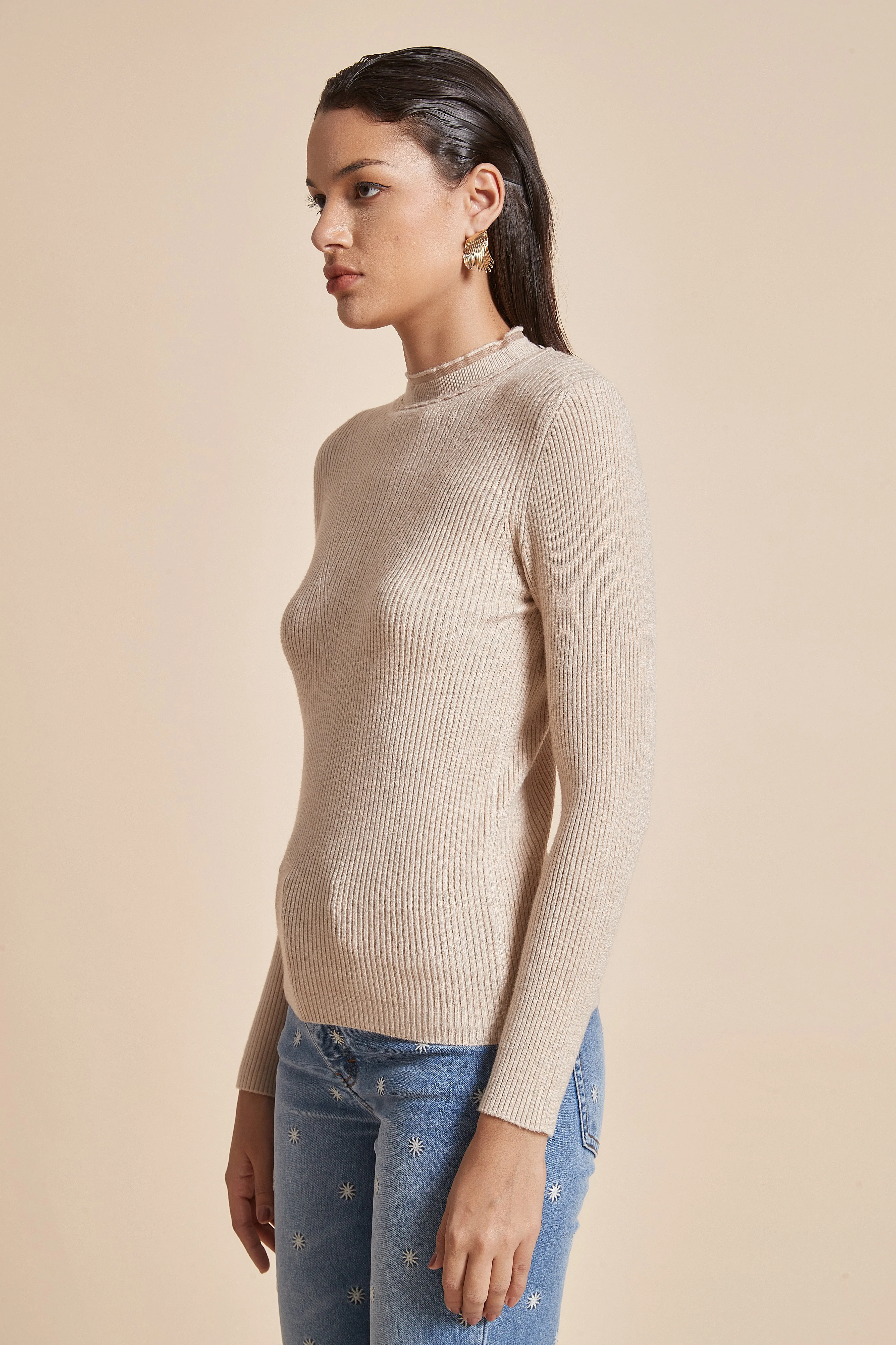 Plain Ribbed Blouse With Long Sleeves - Image 2