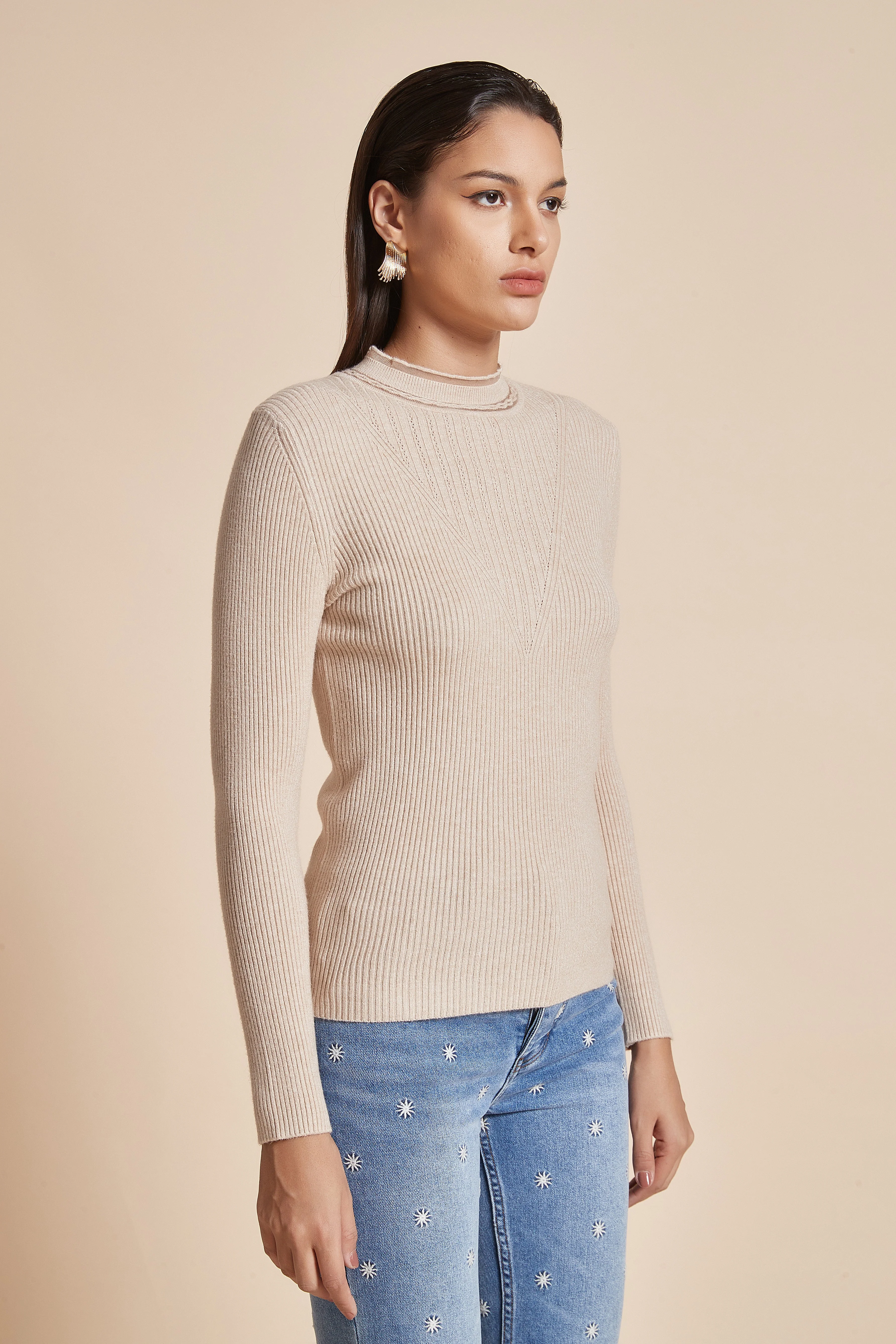Plain Ribbed Blouse With Long Sleeves - Image 3