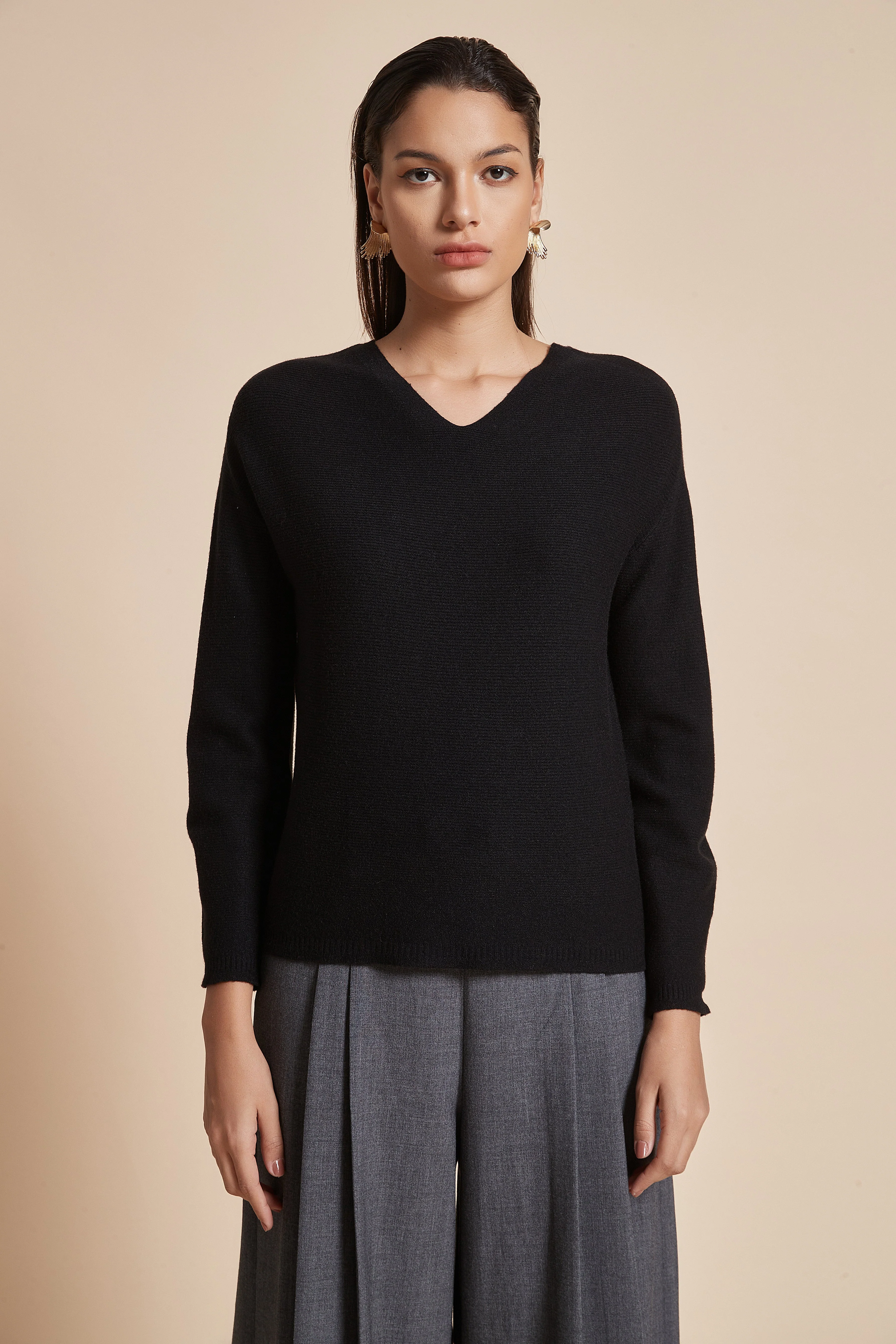 Fitted Plain Blouse With Long Sleeves