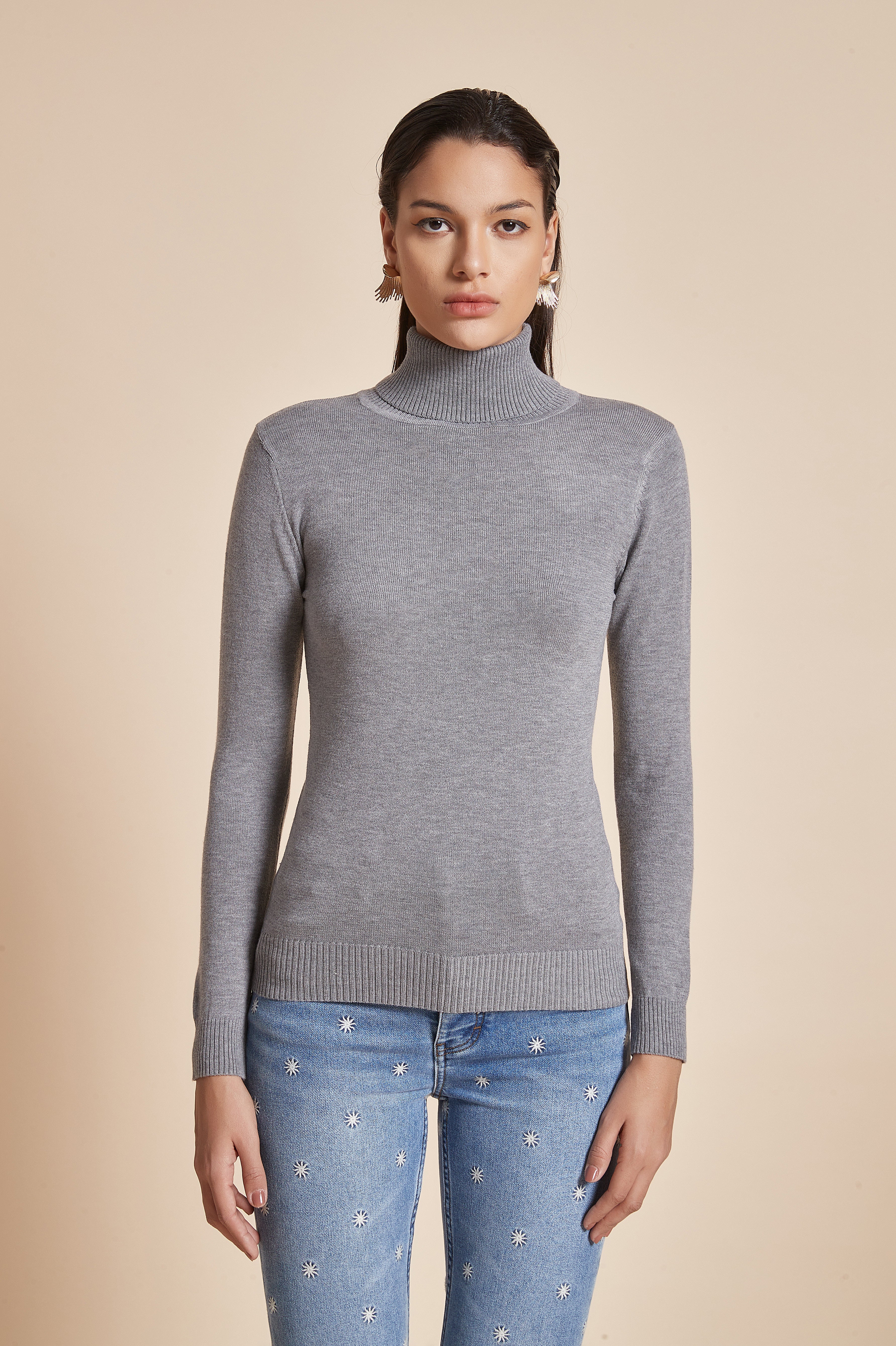 Plain Ribbed High-Neck Blouse With Long Sleeves - Image 2