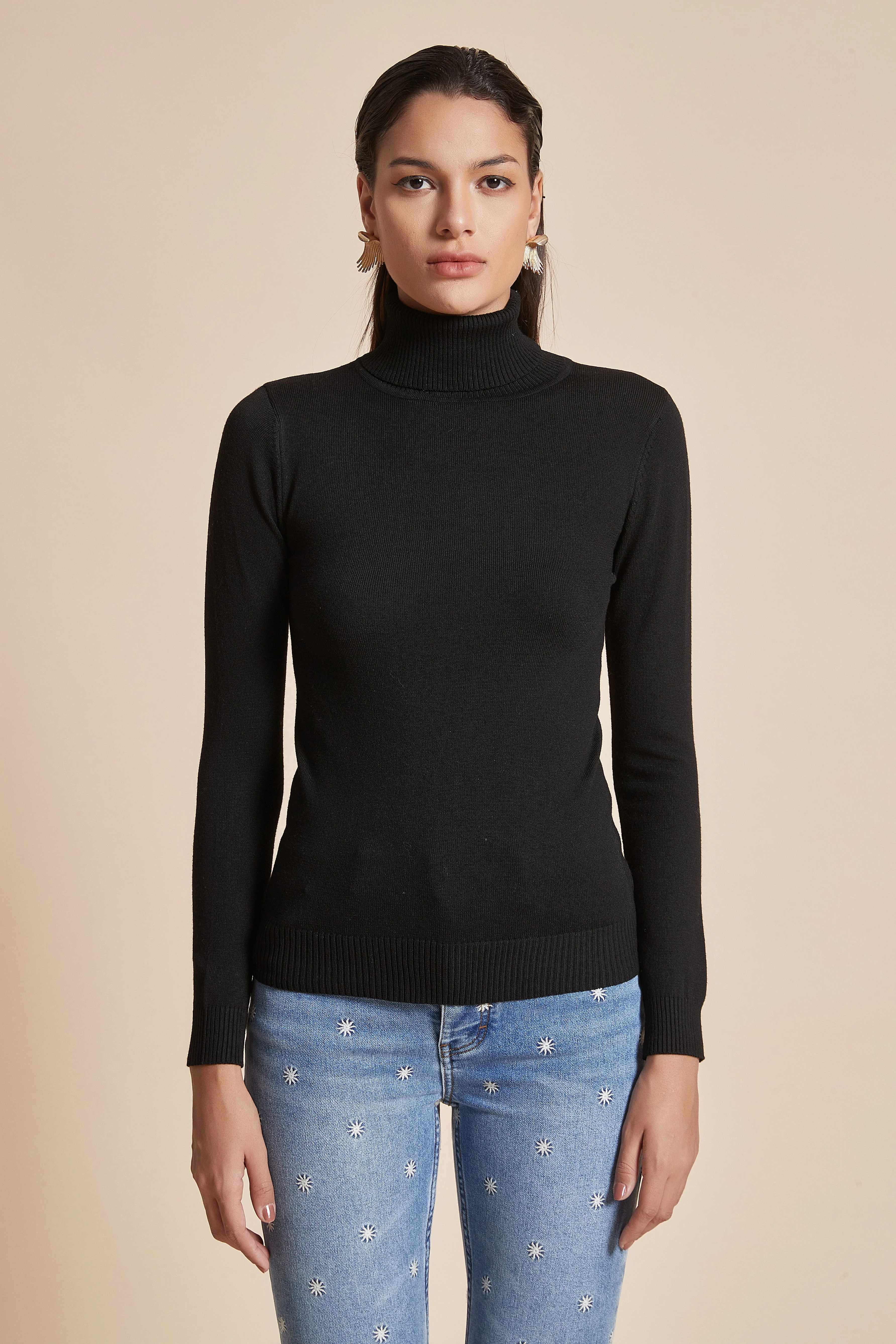 Plain Ribbed High-Neck Blouse With Long Sleeves