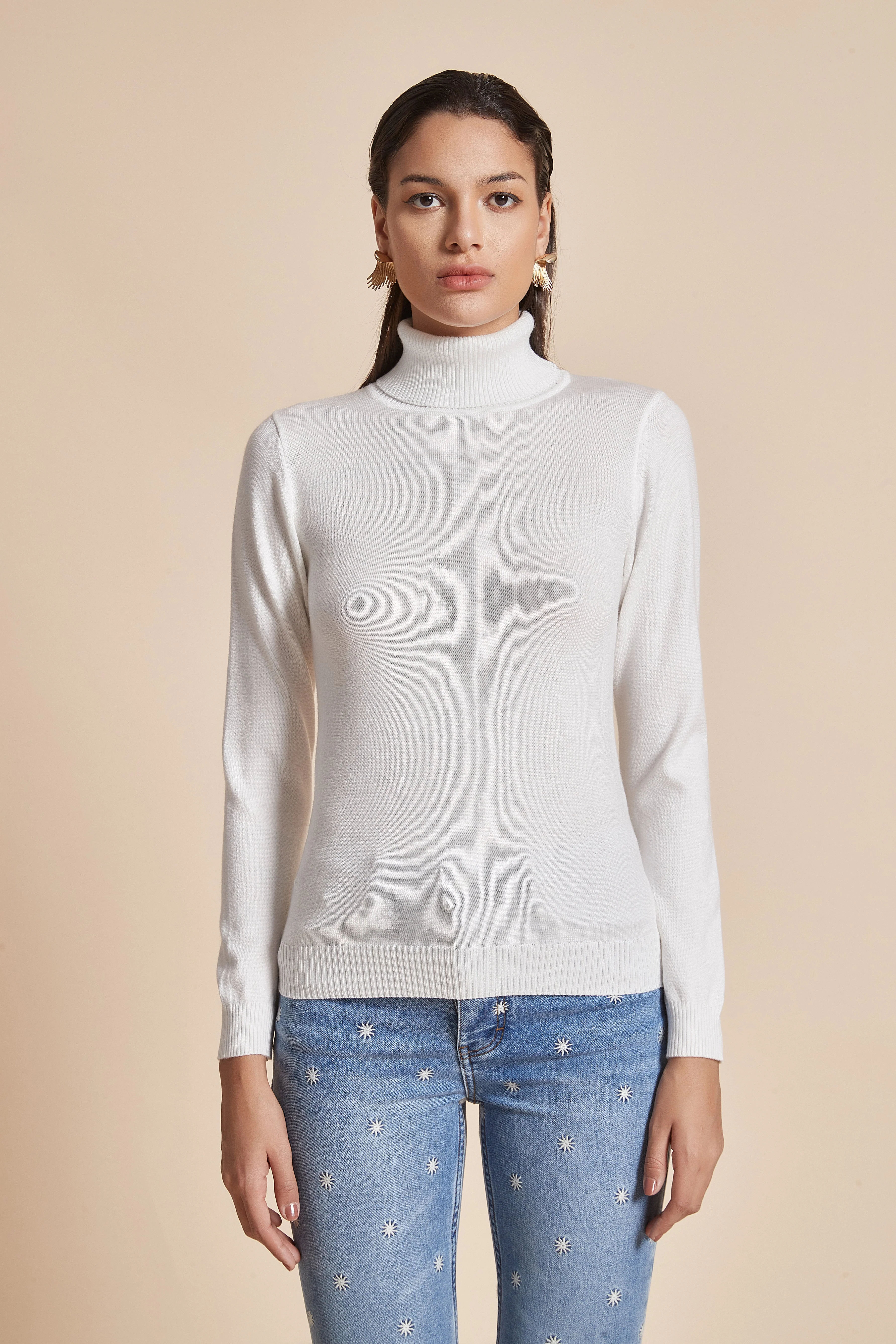 Plain Ribbed High-Neck Blouse With Long Sleeves - Image 2