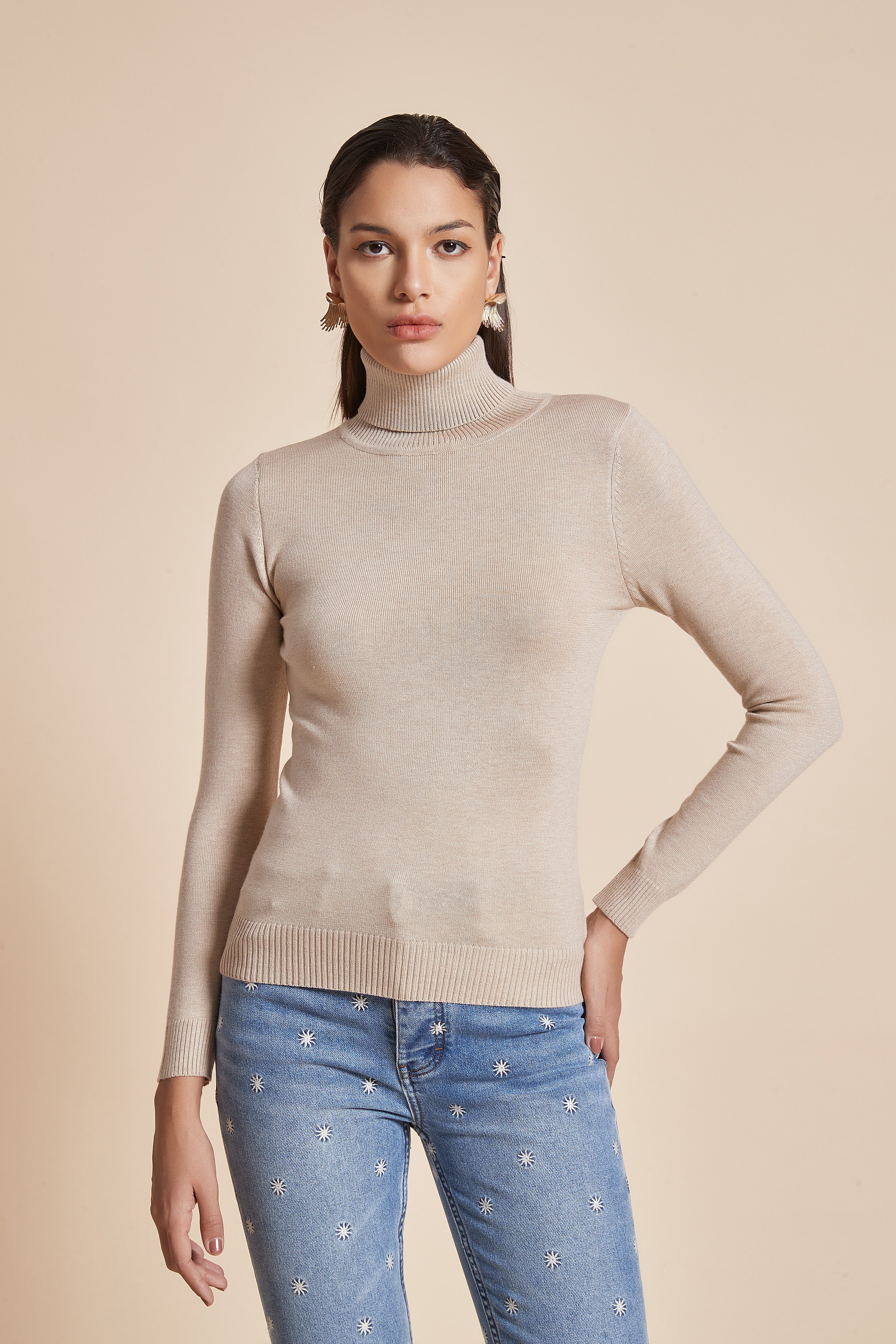 Plain Ribbed High-Neck Blouse With Long Sleeves