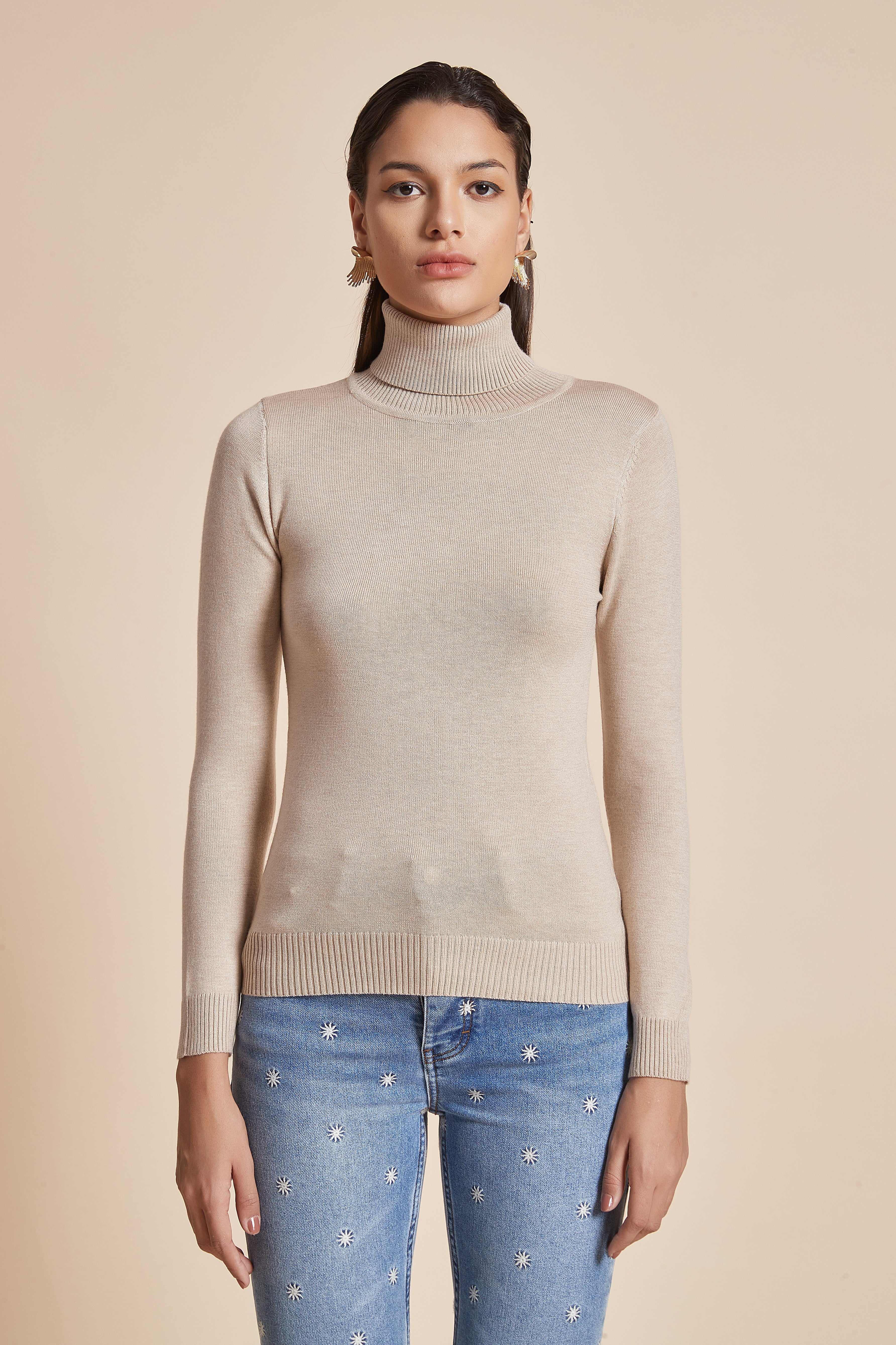 Plain Ribbed High-Neck Blouse With Long Sleeves - Image 2