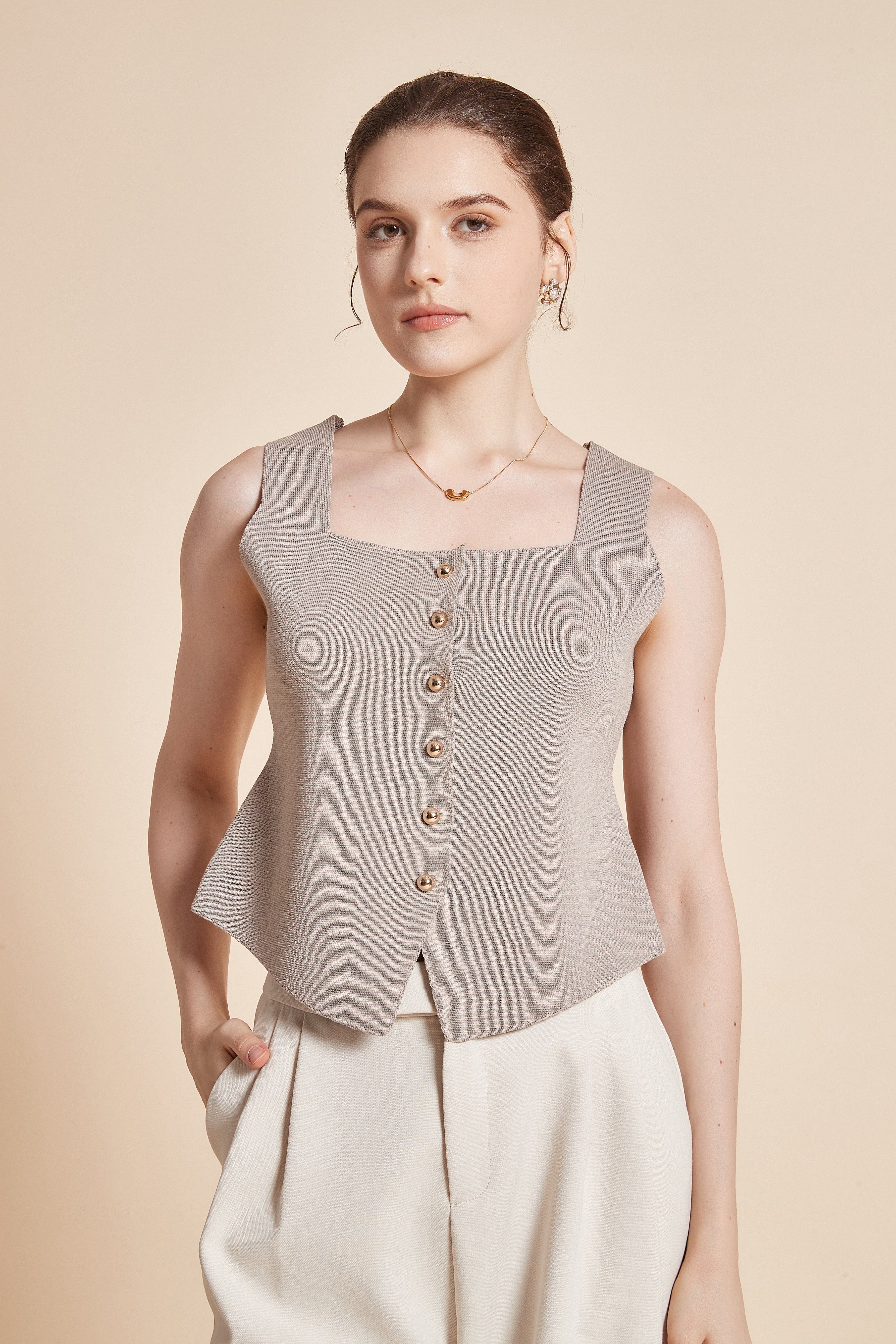 Plain Sleeveless Blouse With Front Buttons - Image 2