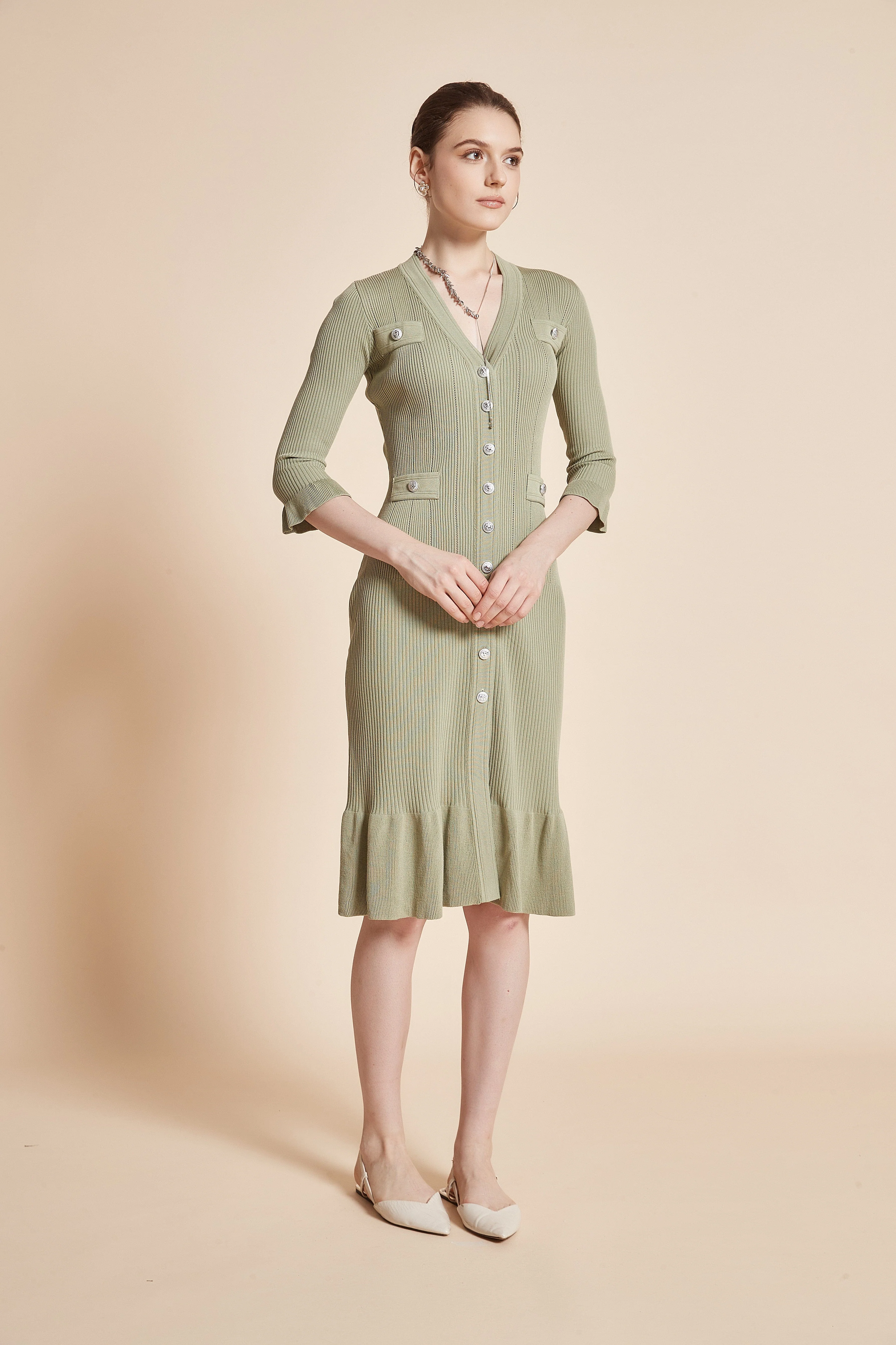 Midi Dress With 3/4 Sleeves, V-Neck, And Knee Ruffles - Image 2