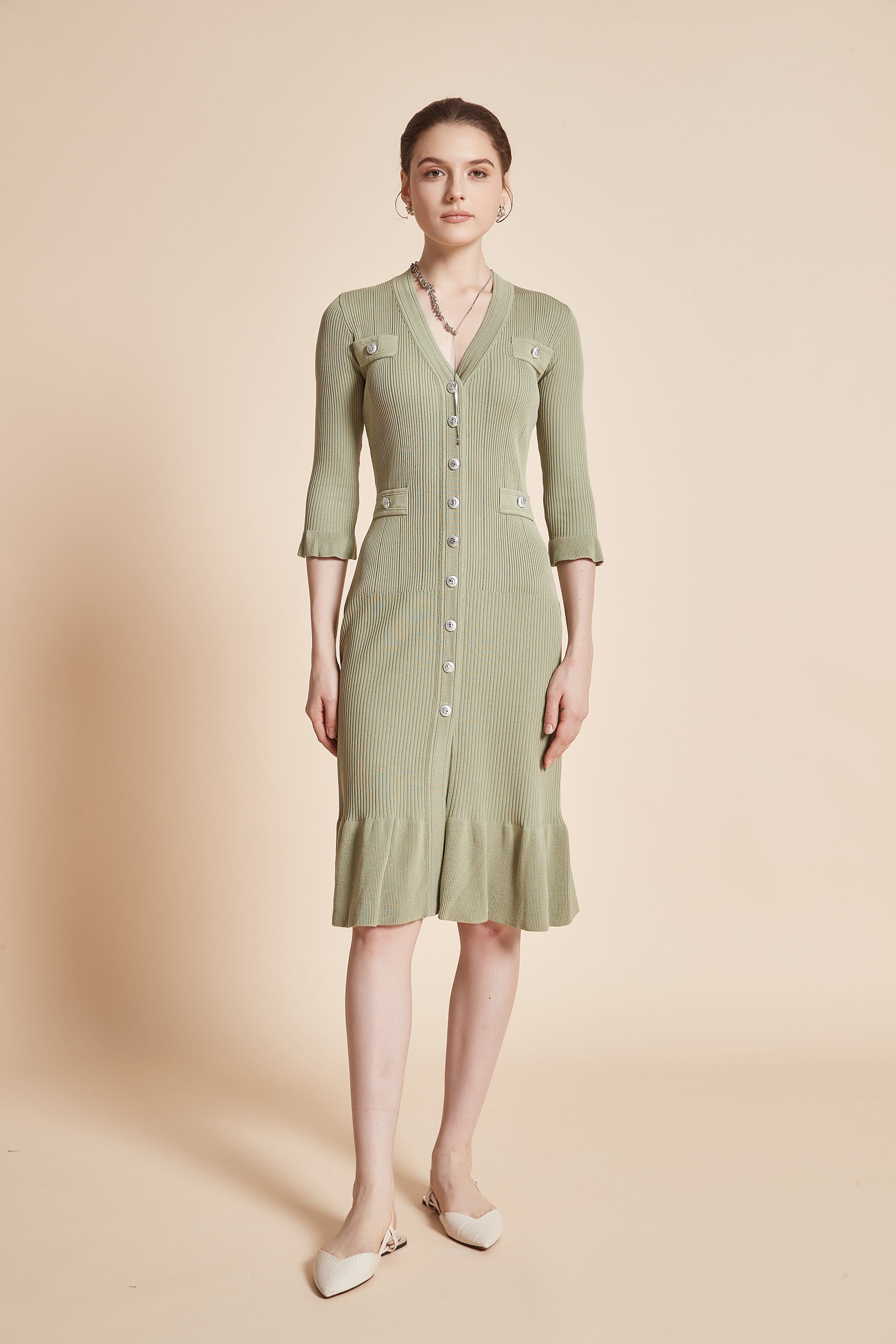 Midi Dress With 3/4 Sleeves, V-Neck, And Knee Ruffles - Image 3