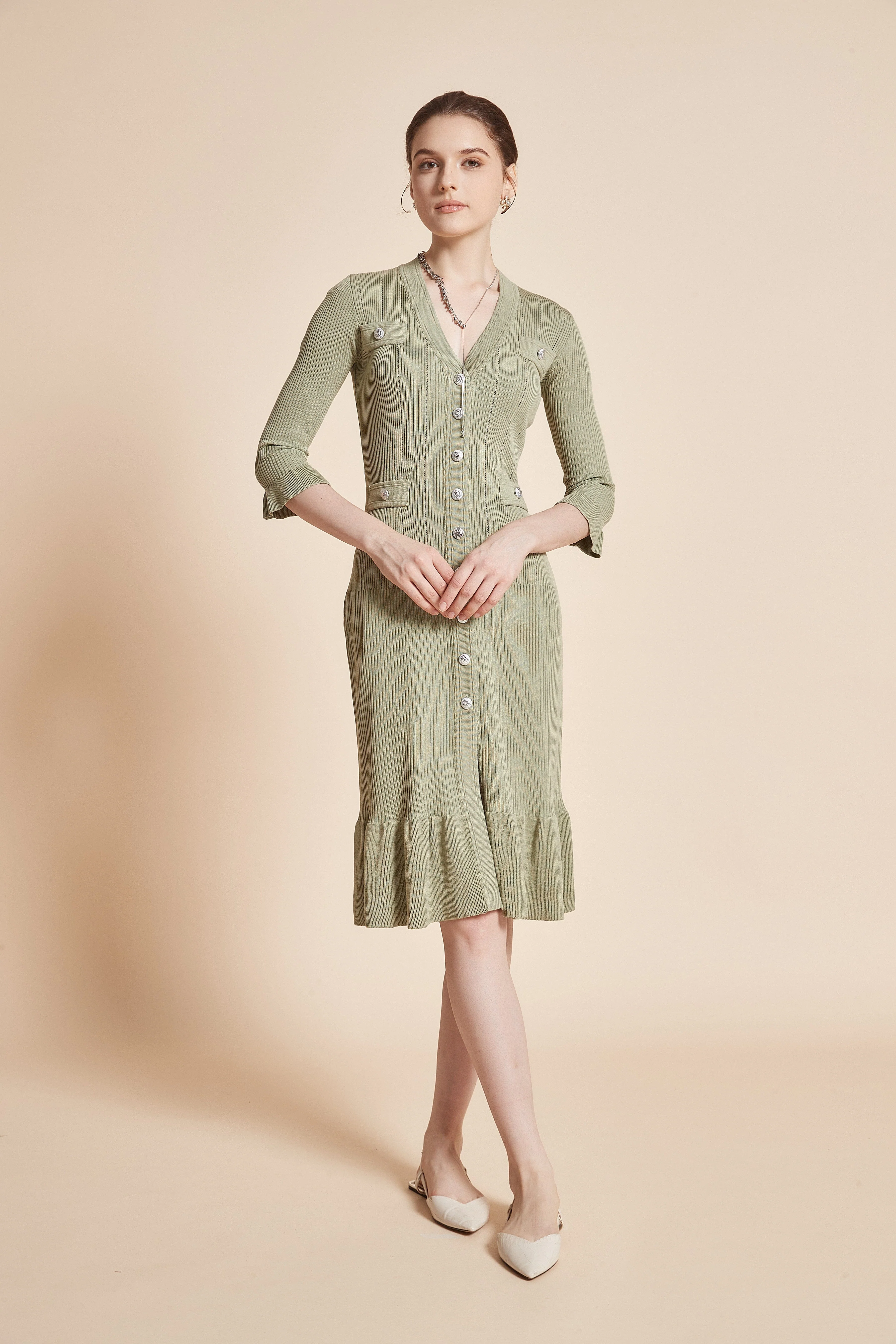 Midi Dress With 3/4 Sleeves, V-Neck, And Knee Ruffles - Image 4