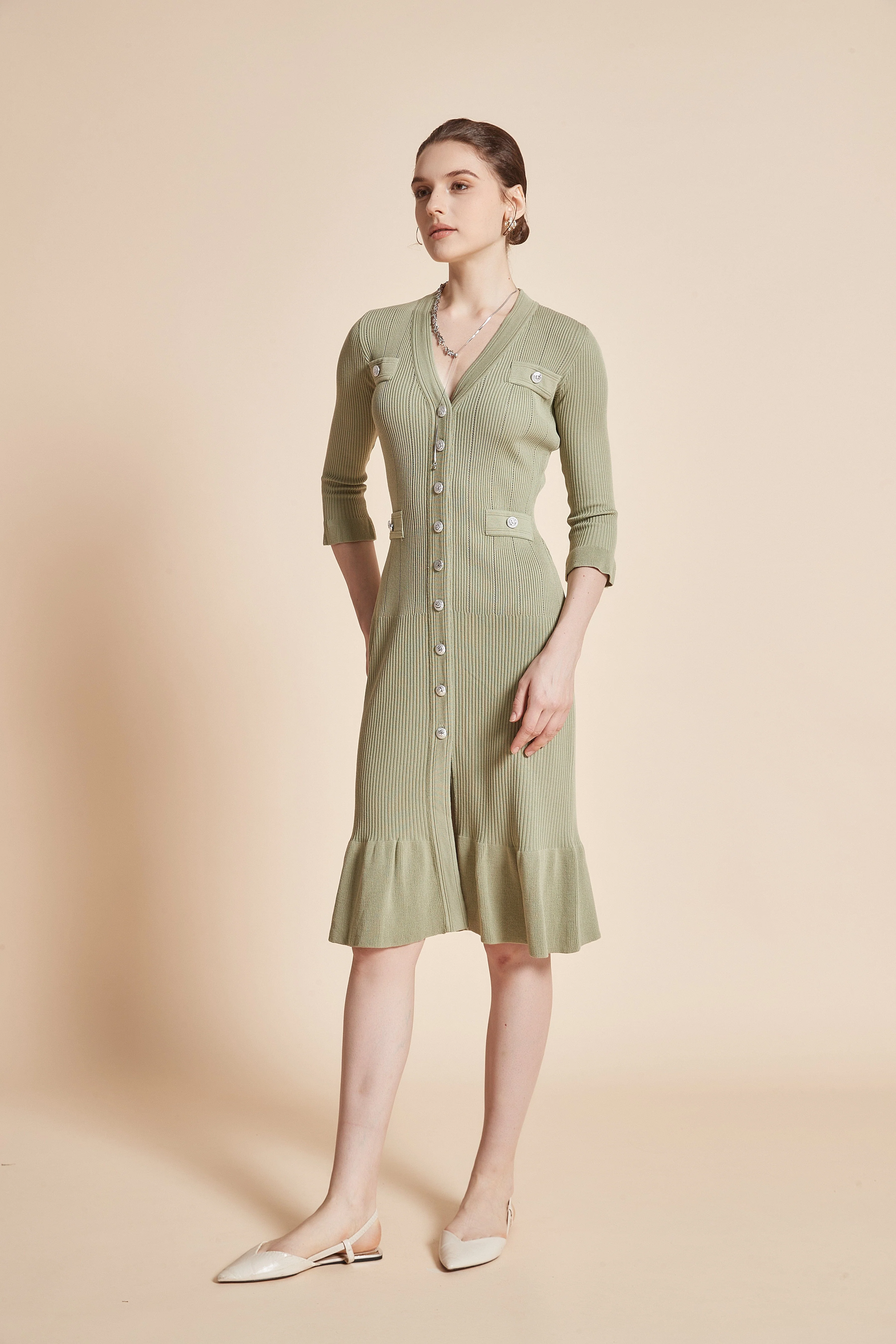 Midi Dress With 3/4 Sleeves, V-Neck, And Knee Ruffles - Image 5