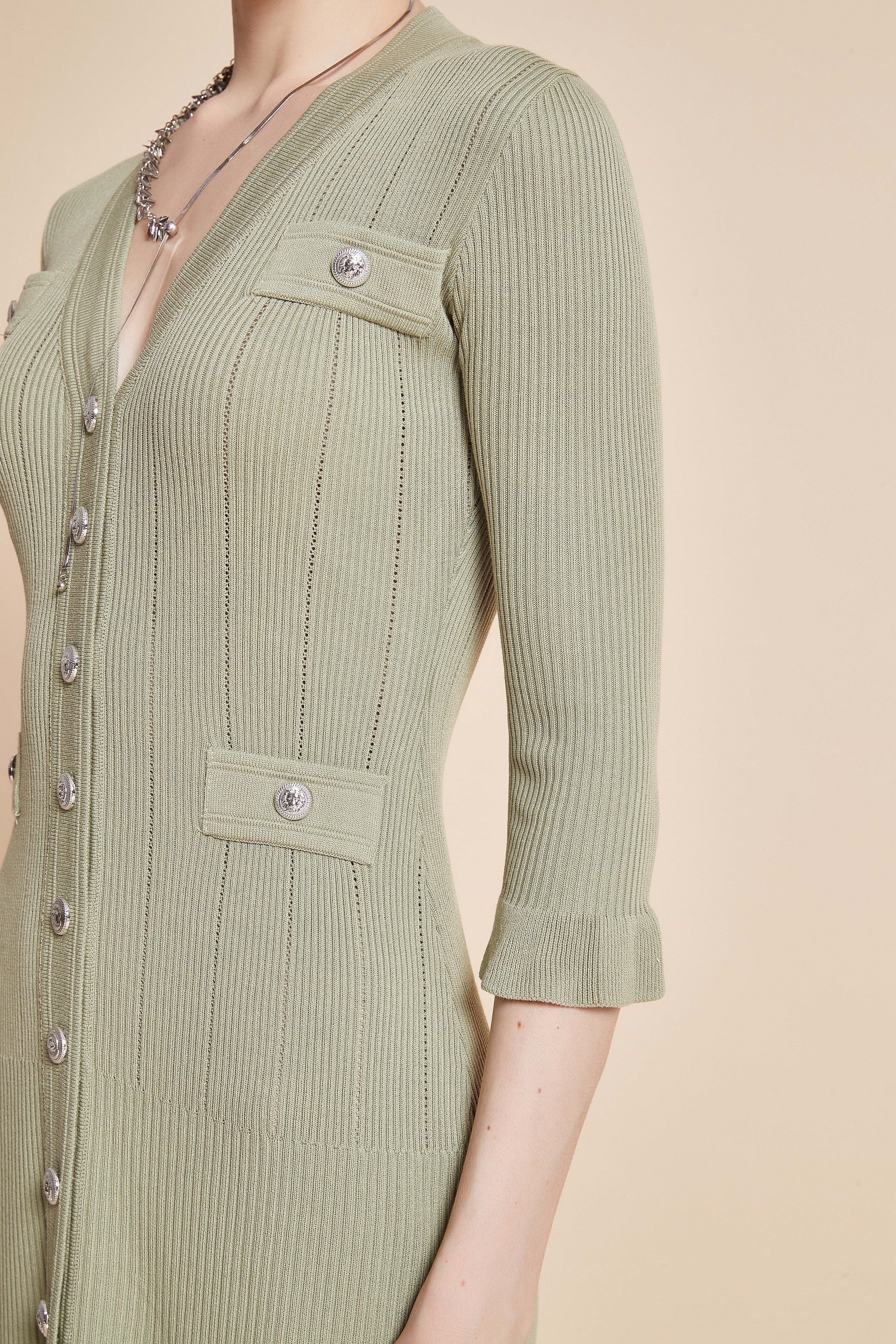 Midi Dress With 3/4 Sleeves, V-Neck, And Knee Ruffles - Image 6