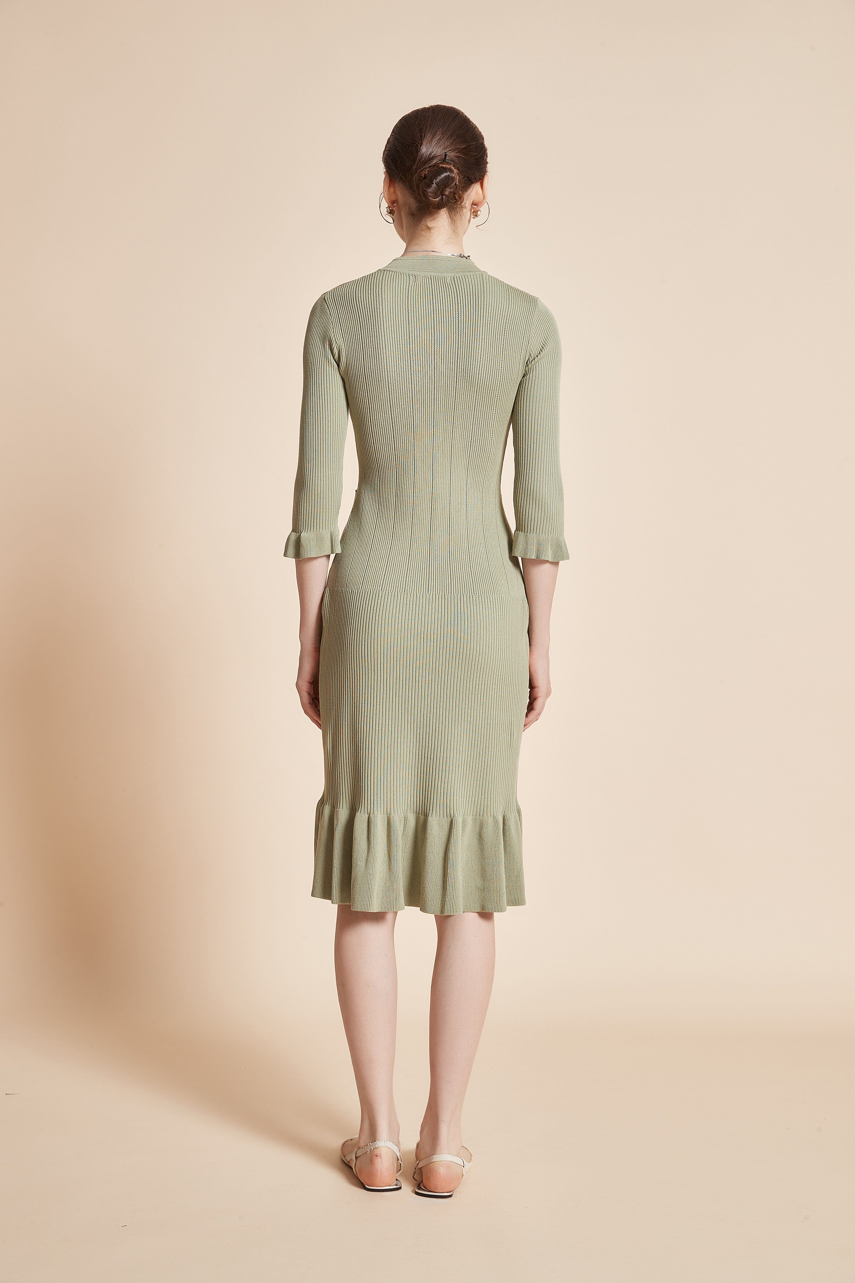 Midi Dress With 3/4 Sleeves, V-Neck, And Knee Ruffles - Image 8