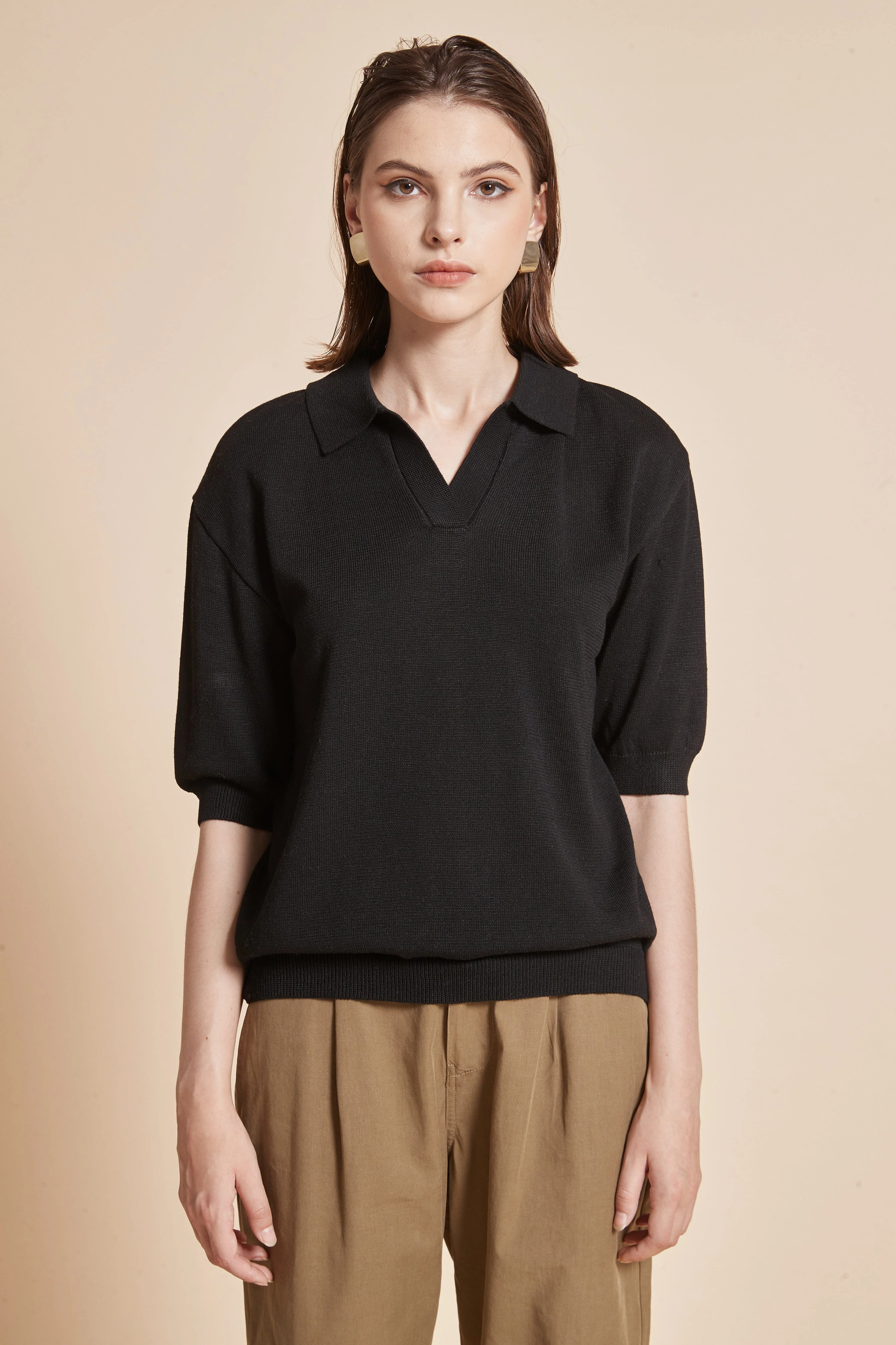 Plain Half-Sleeve Blouse With Collar