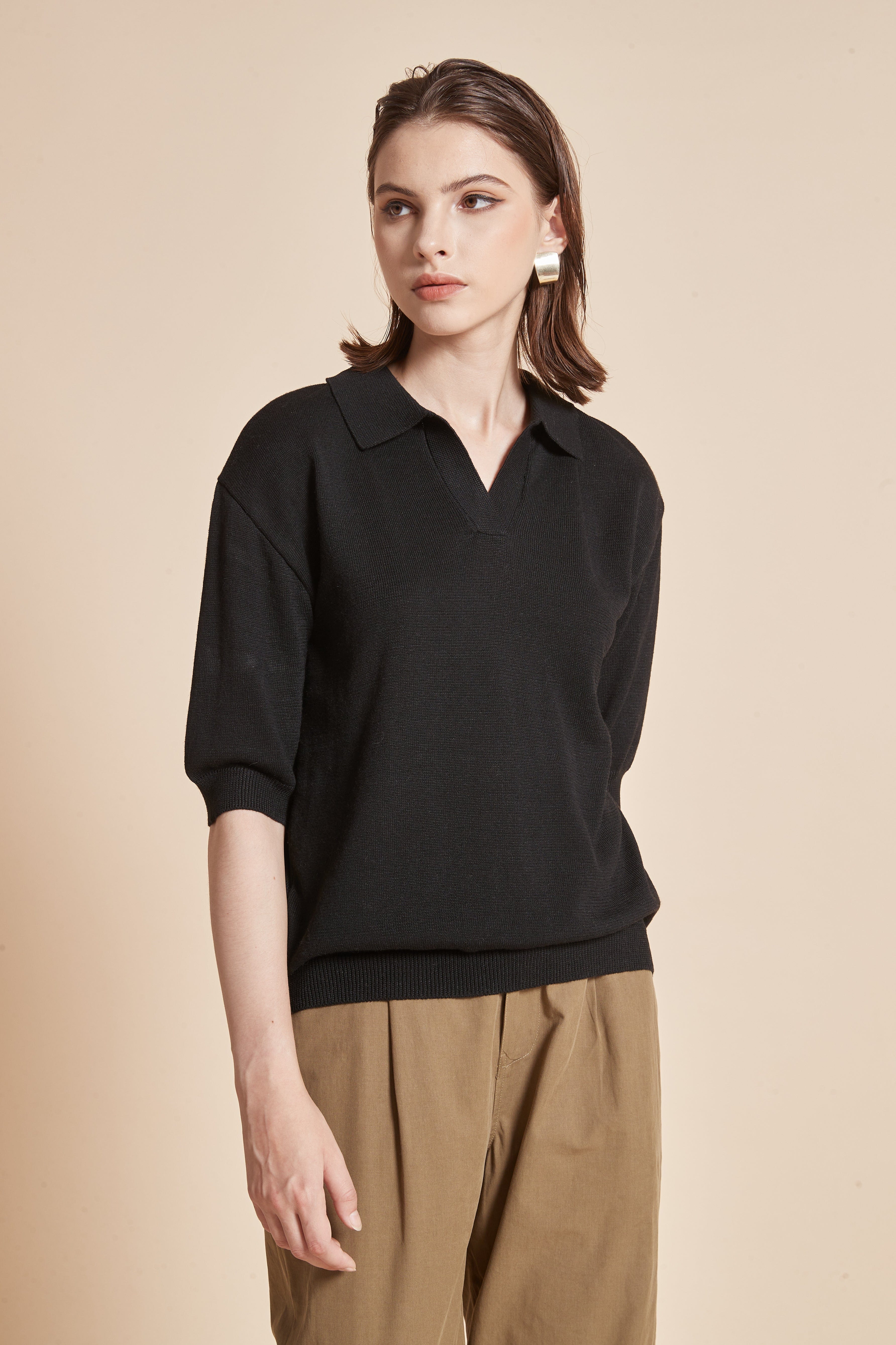 Plain Half-Sleeve Blouse With Collar - Image 5