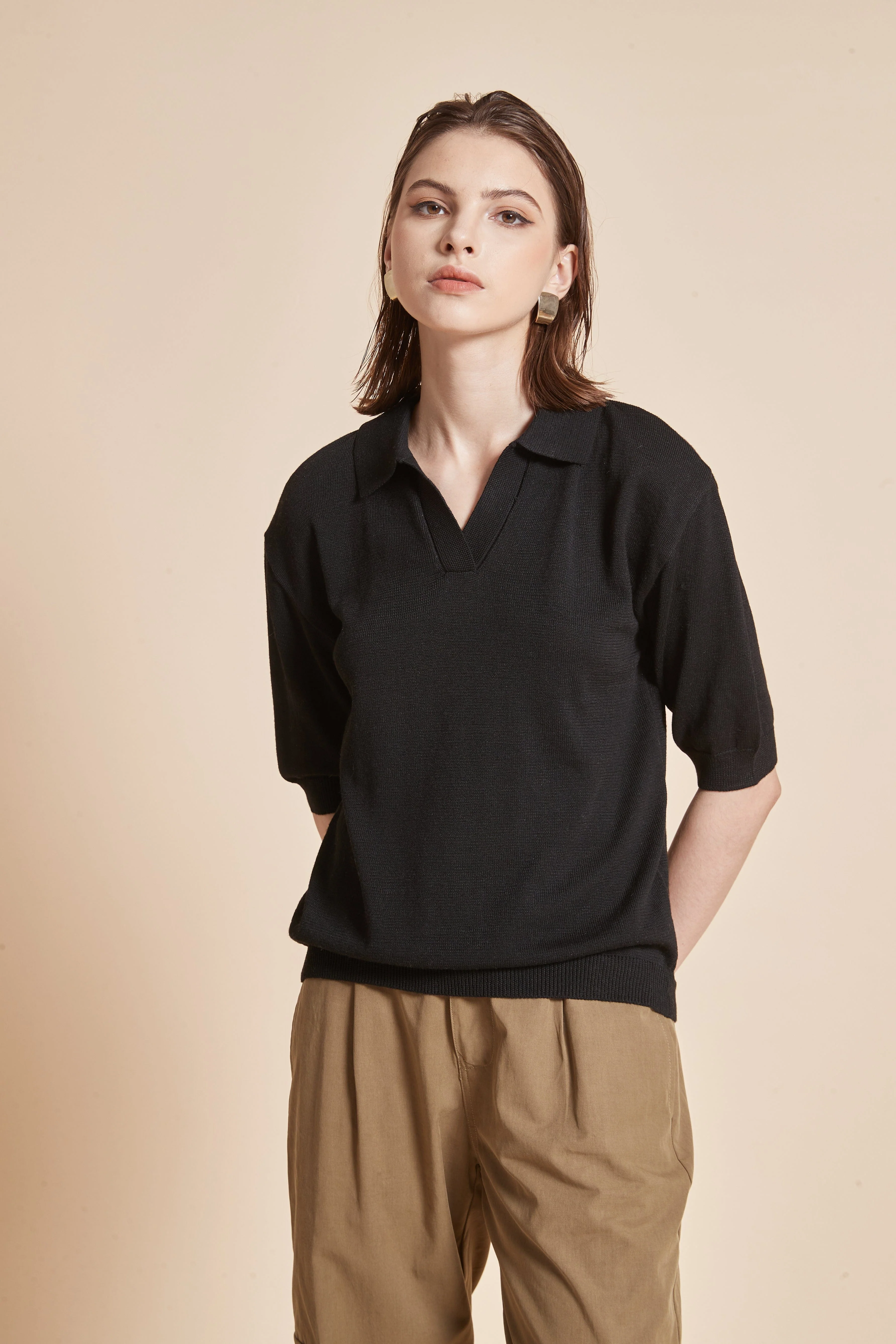 Plain Half-Sleeve Blouse With Collar - Image 6