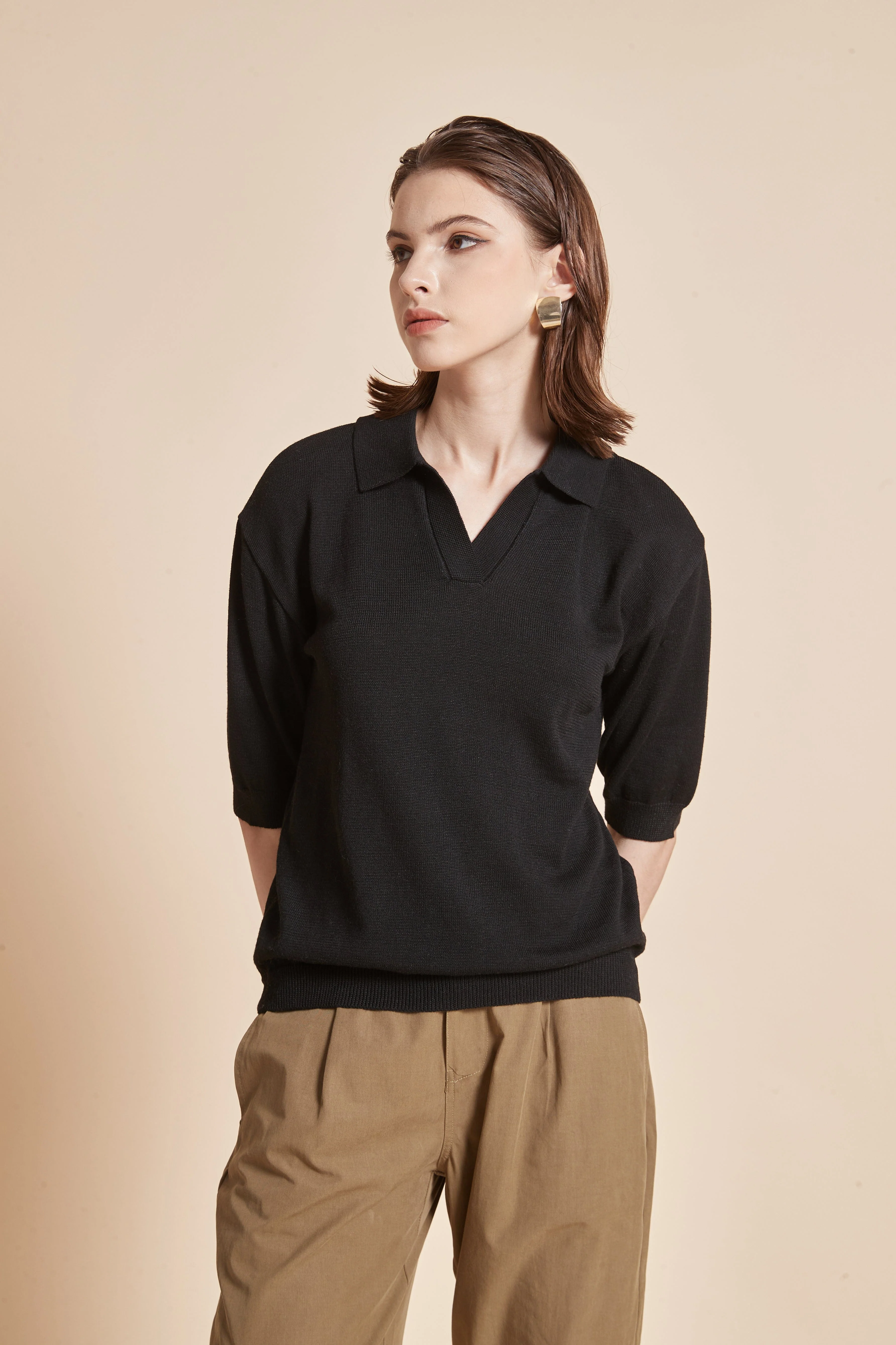 Plain Half-Sleeve Blouse With Collar - Image 7