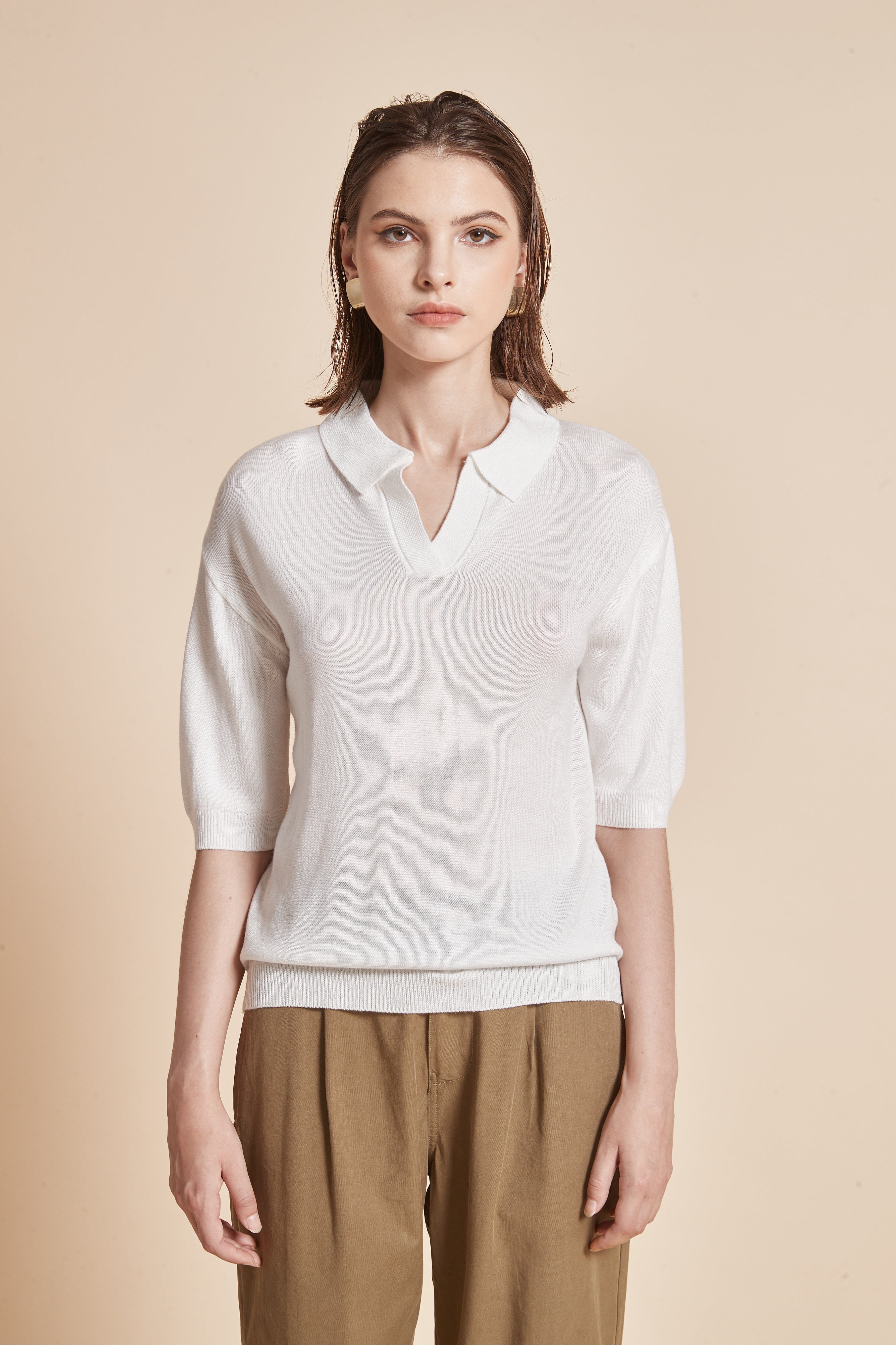 Plain Half-Sleeve Blouse With Collar