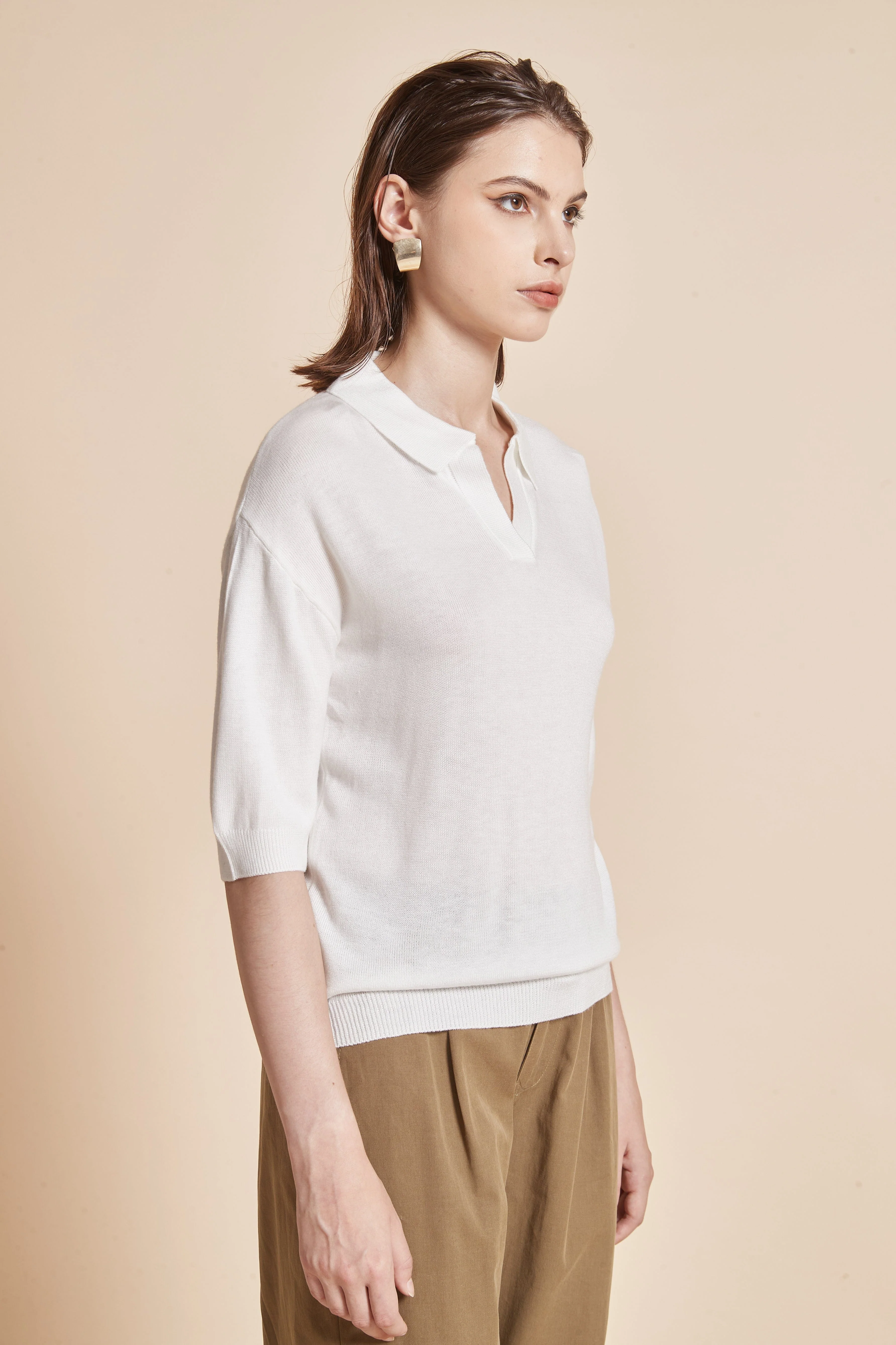 Plain Half-Sleeve Blouse With Collar - Image 5