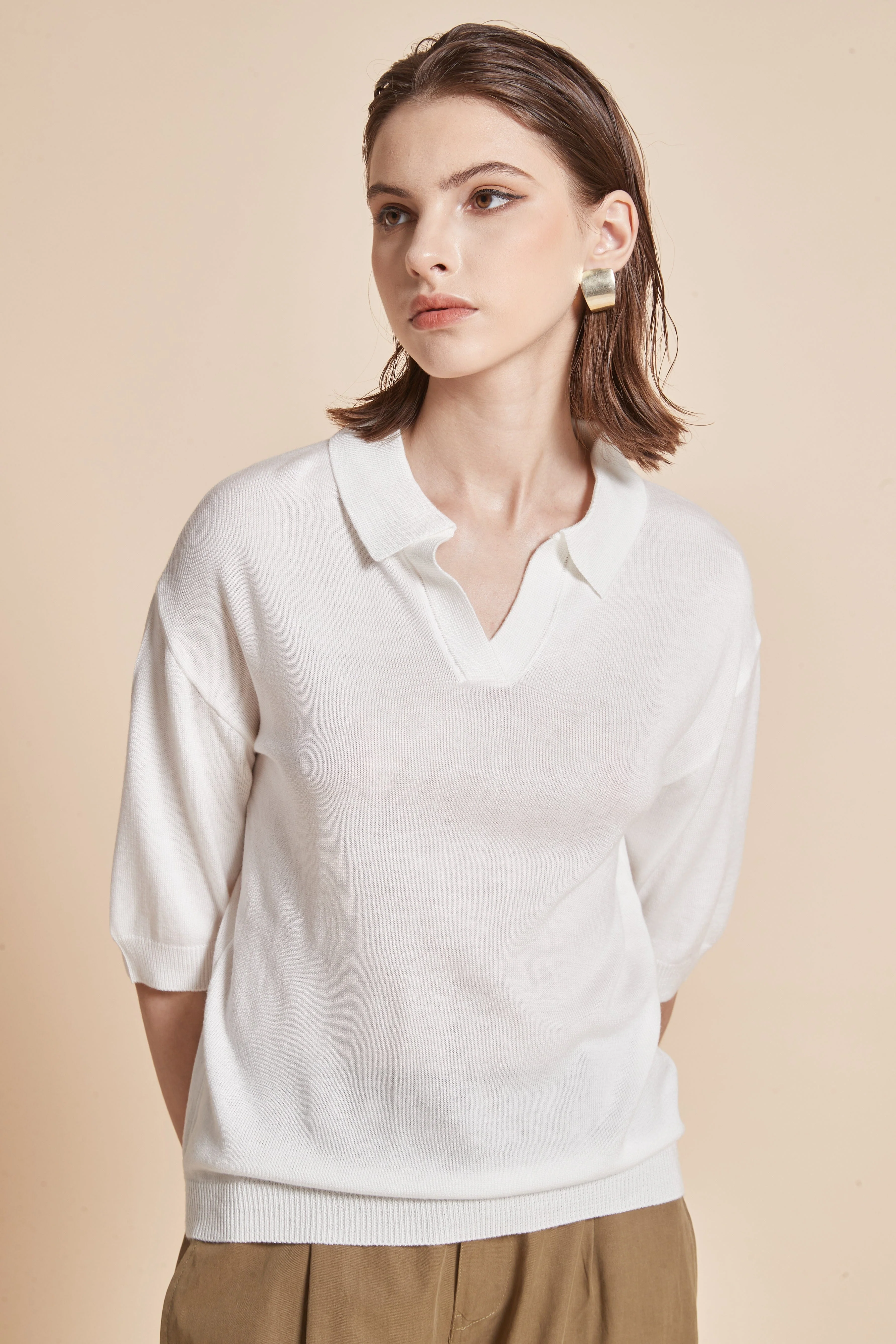 Plain Half-Sleeve Blouse With Collar - Image 6