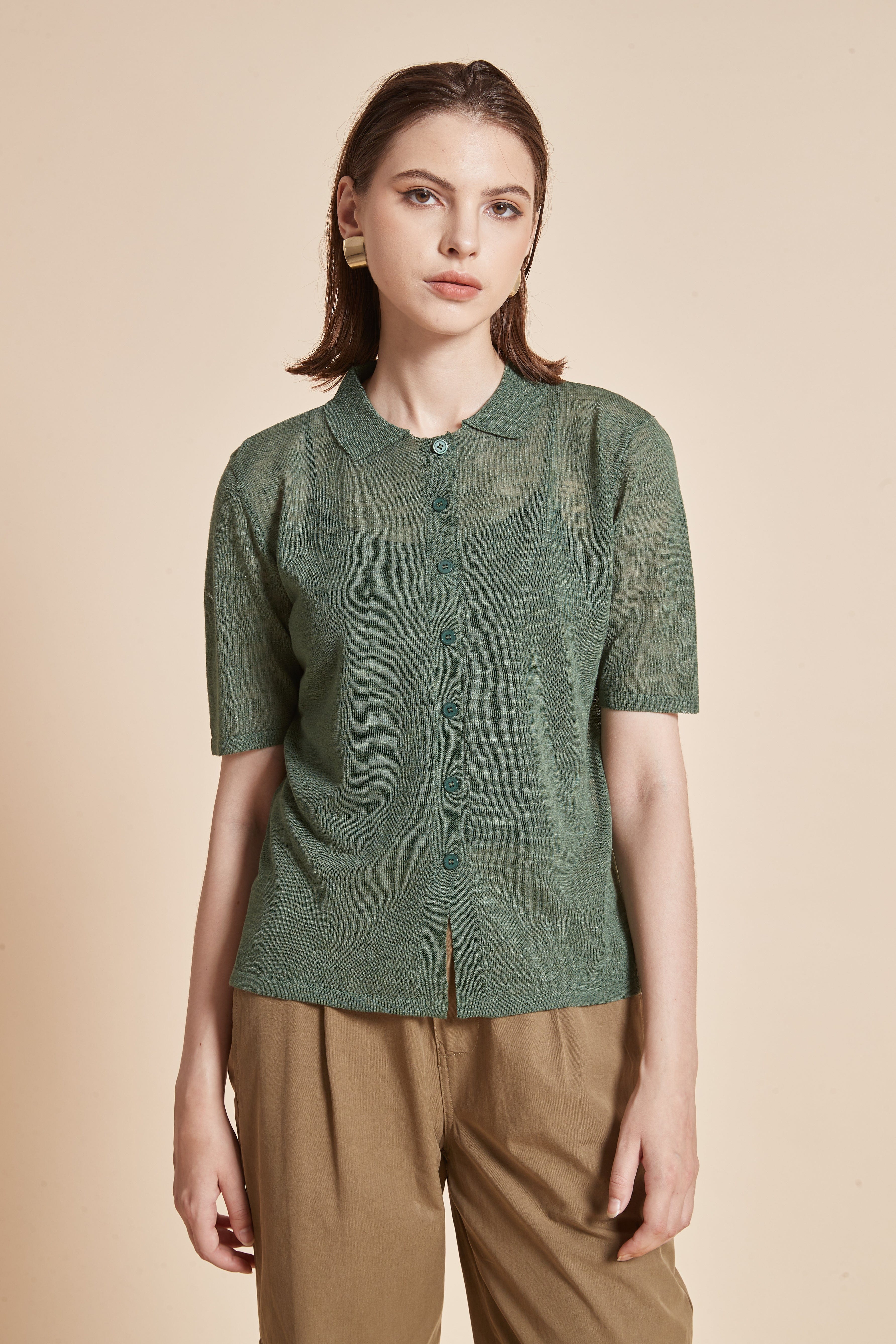 Plain Half-Sleeve Blouse with Front Buttons and Collar