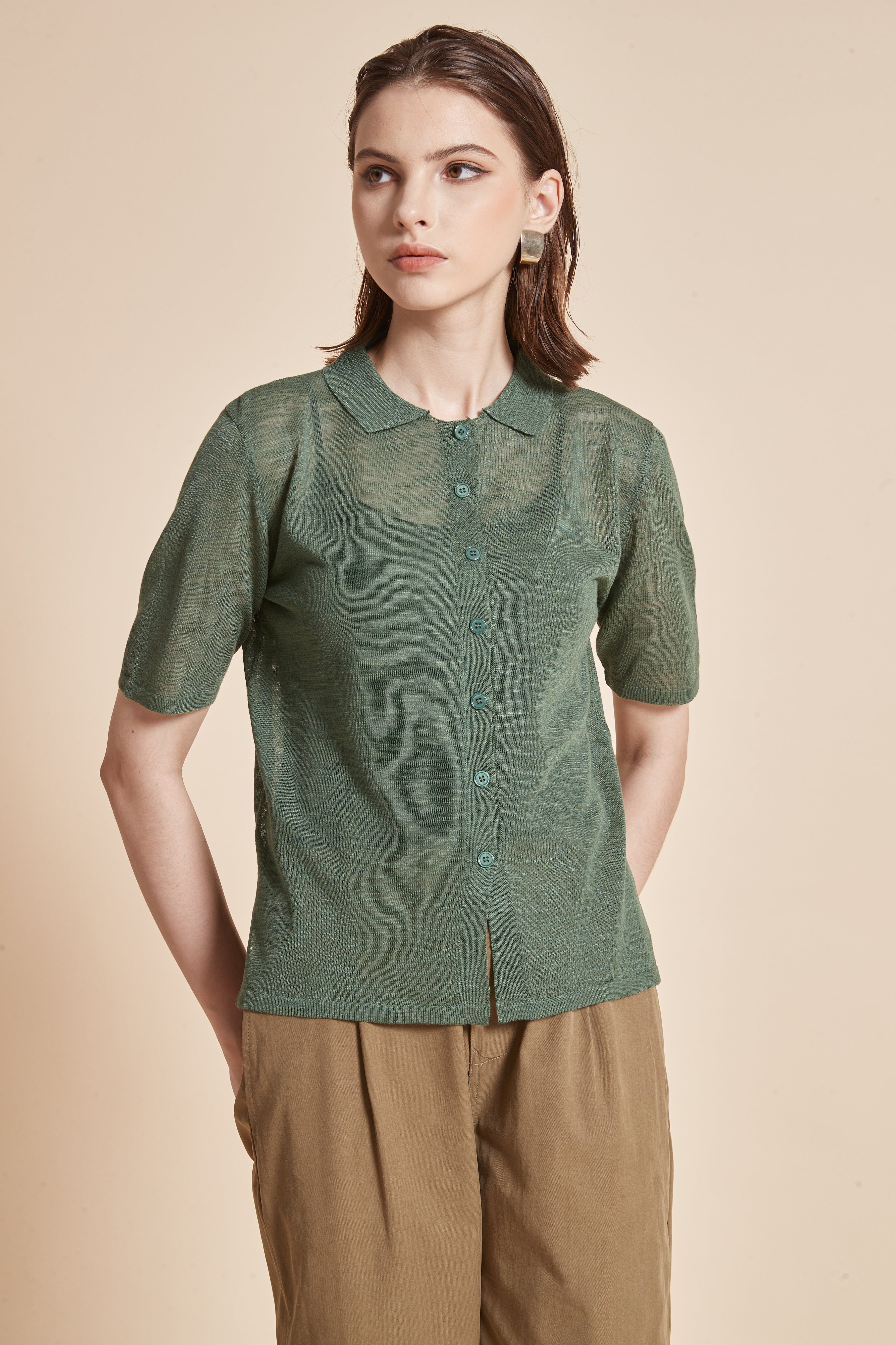 Plain Half-Sleeve Blouse with Front Buttons and Collar - Image 2