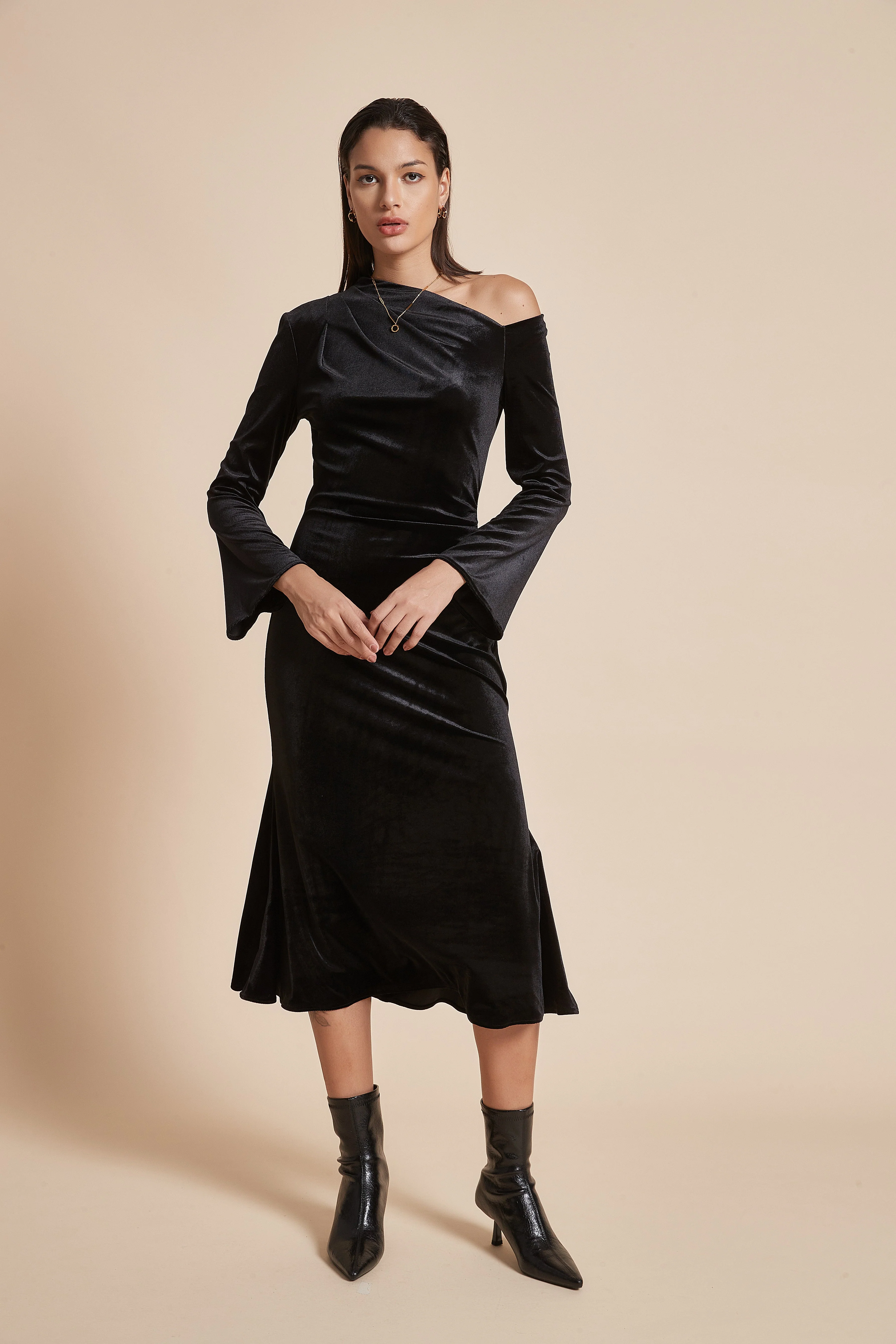 Plain Off-Shoulder Midi Women'S Dress With Long Sleeves