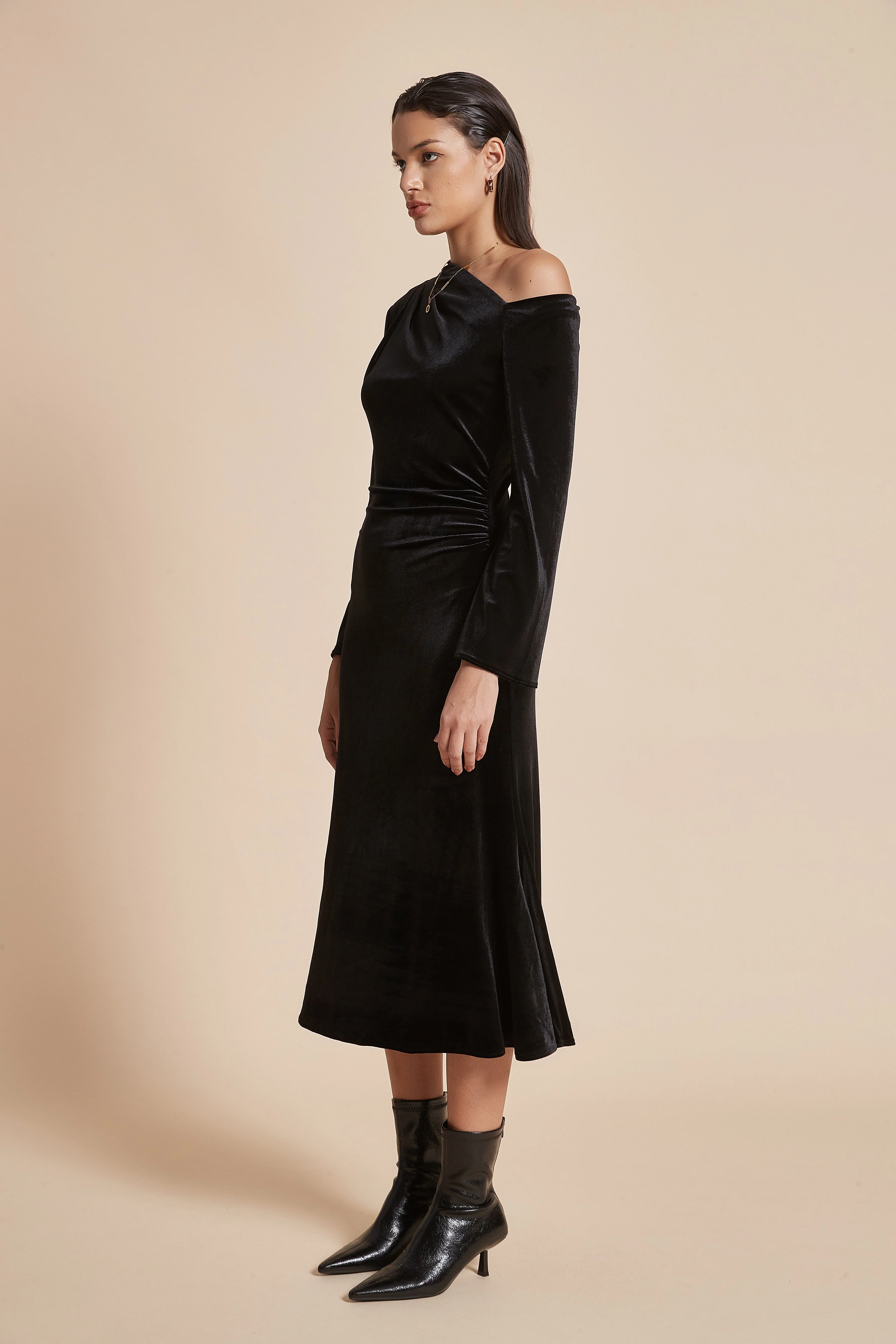 Plain Off-Shoulder Midi Women'S Dress With Long Sleeves - Image 4