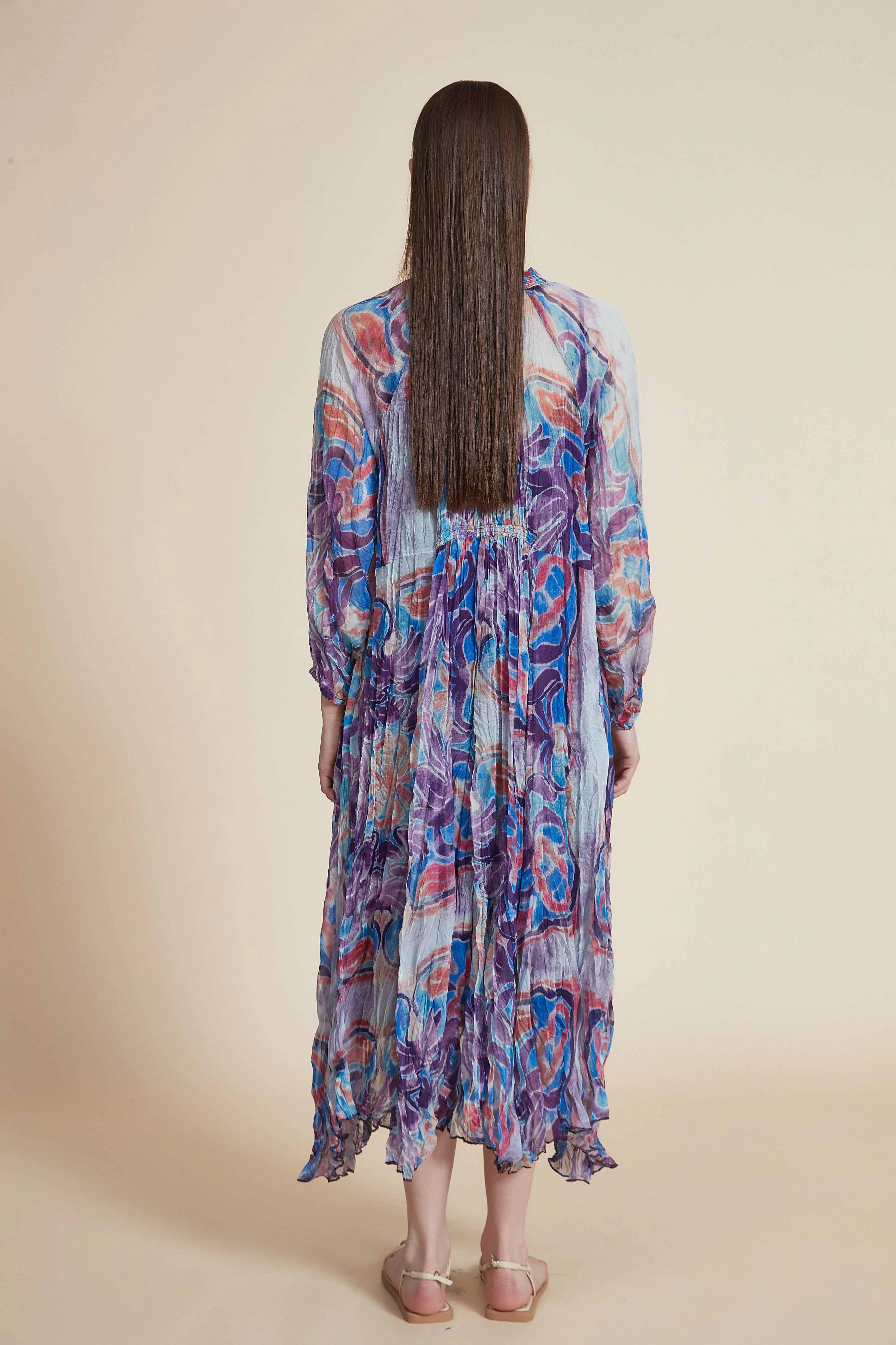 Printed Midi Dress with Long Sleeves and Round Neck - Image 2