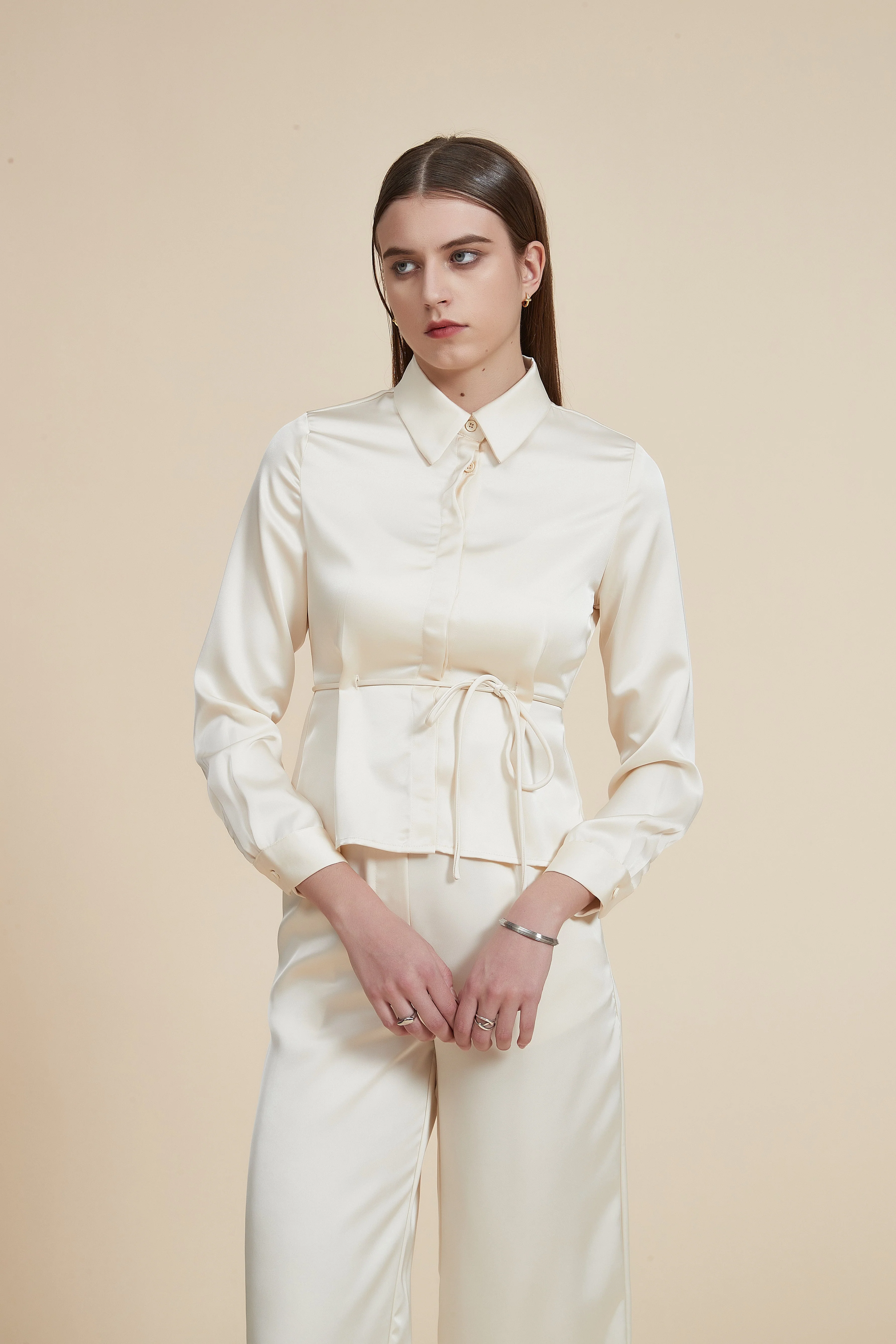 Long Sleeve Waist-Length Blouse with Plain Shirt Collar