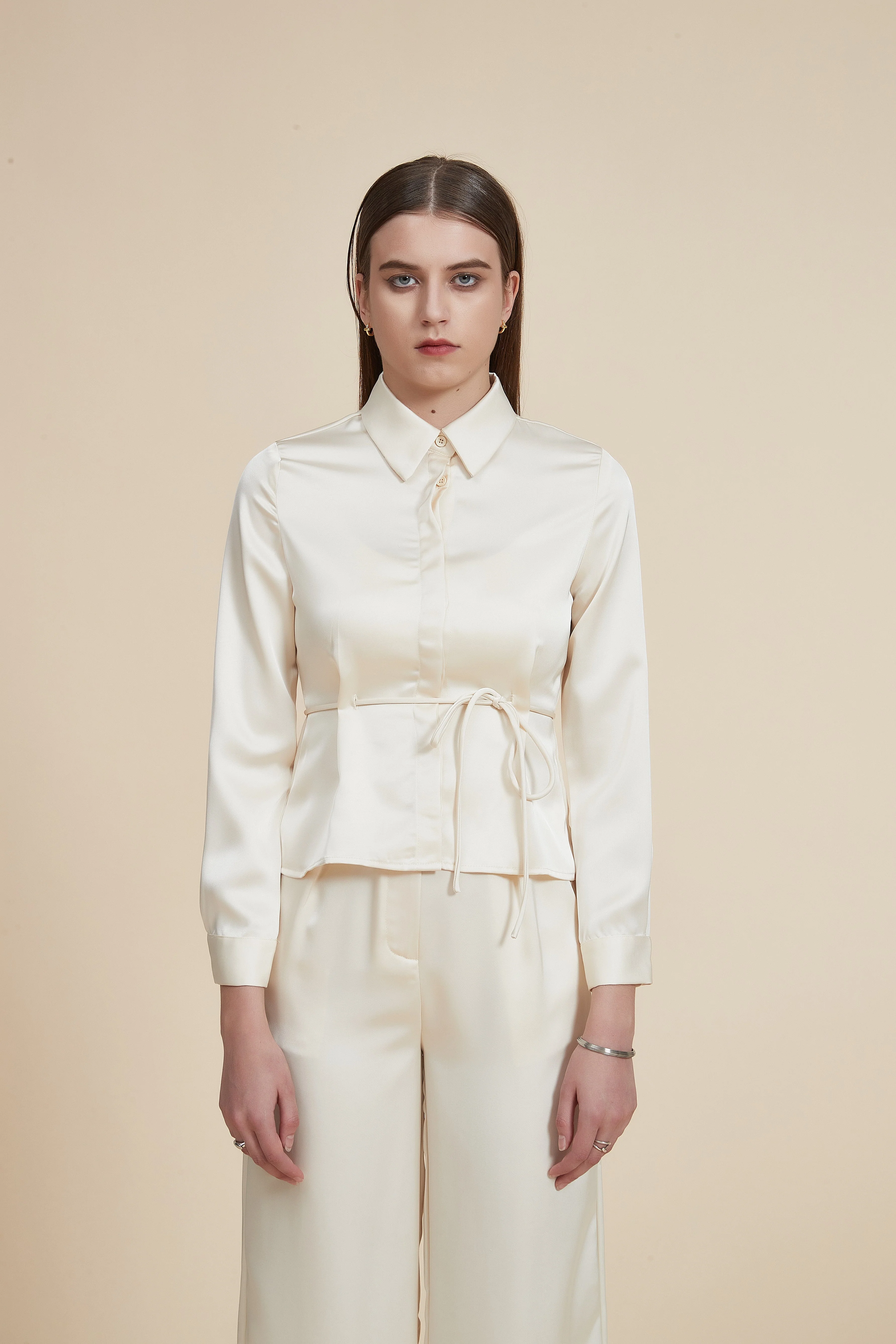 Long Sleeve Waist-Length Blouse with Plain Shirt Collar - Image 2