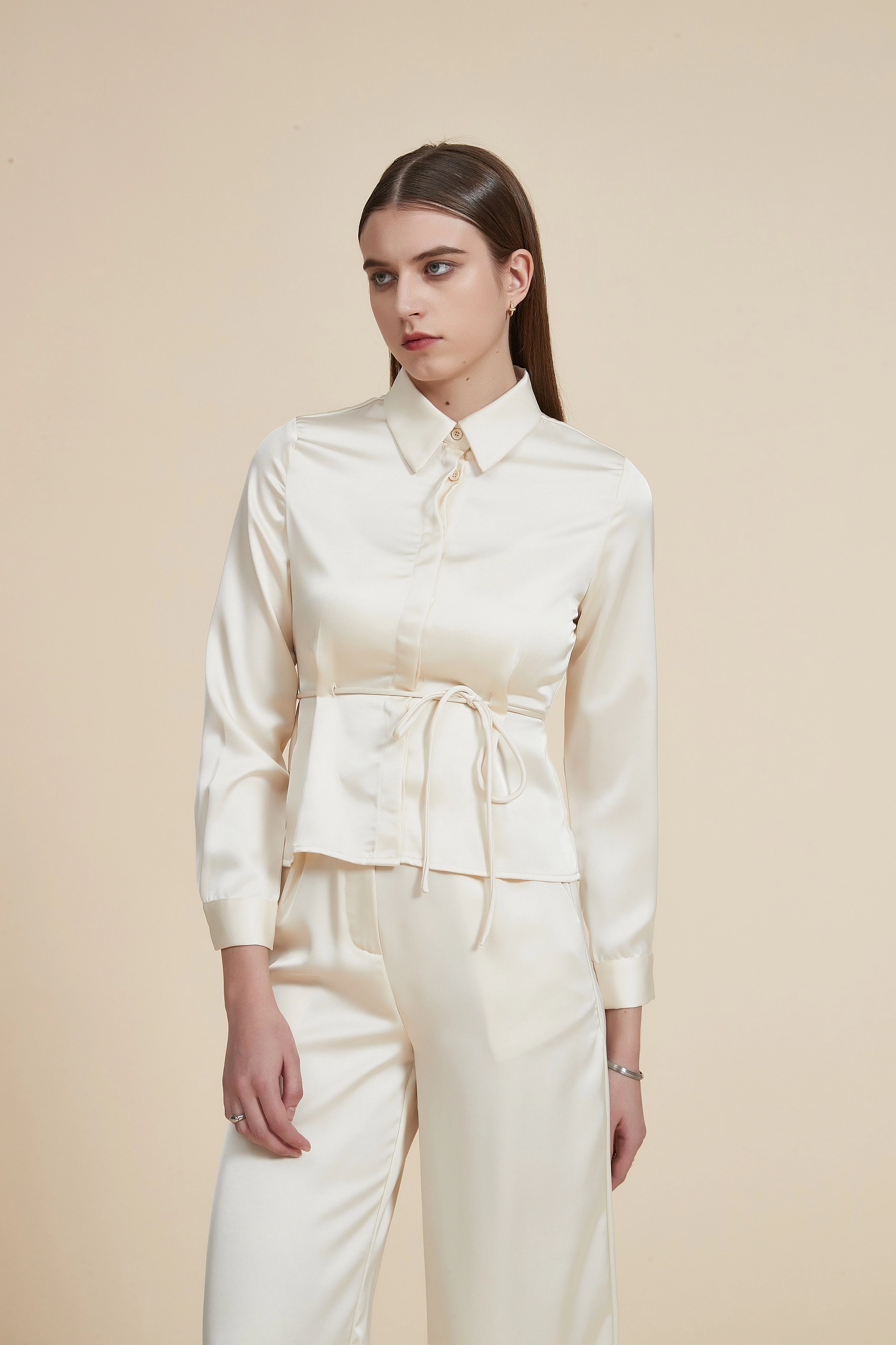Long Sleeve Waist-Length Blouse with Plain Shirt Collar - Image 3