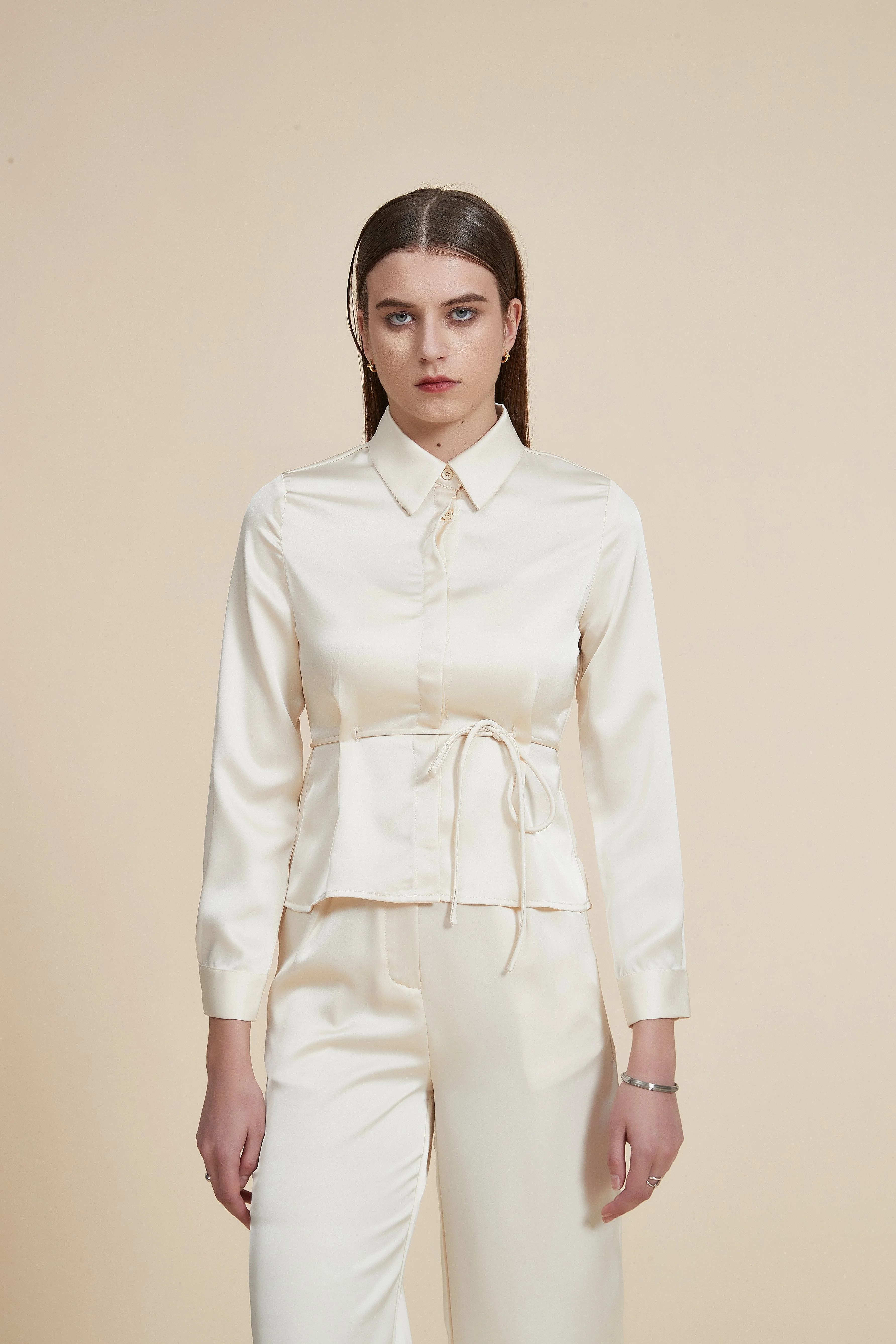 Long Sleeve Waist-Length Blouse with Plain Shirt Collar - Image 4